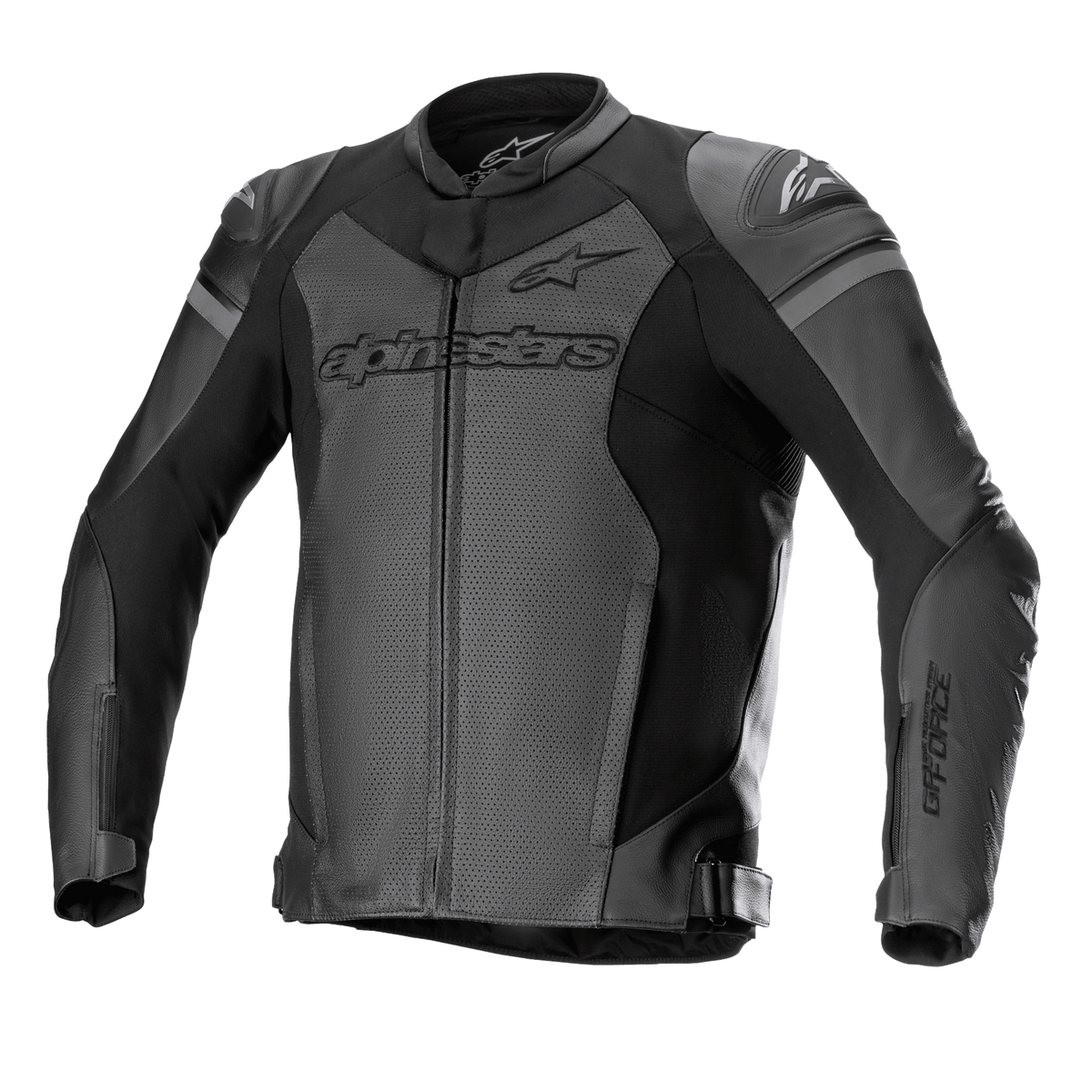 Blouson en cuir Alpinestars GP Force Airflow, blouson de moto de course, noir et gris foncé, panneaux perforés pour la ventilation, sliders d'épaule externes DFS Lite, logos sur la poitrine et les manches, construction en cuir premium avec sangles de réglage à la taille