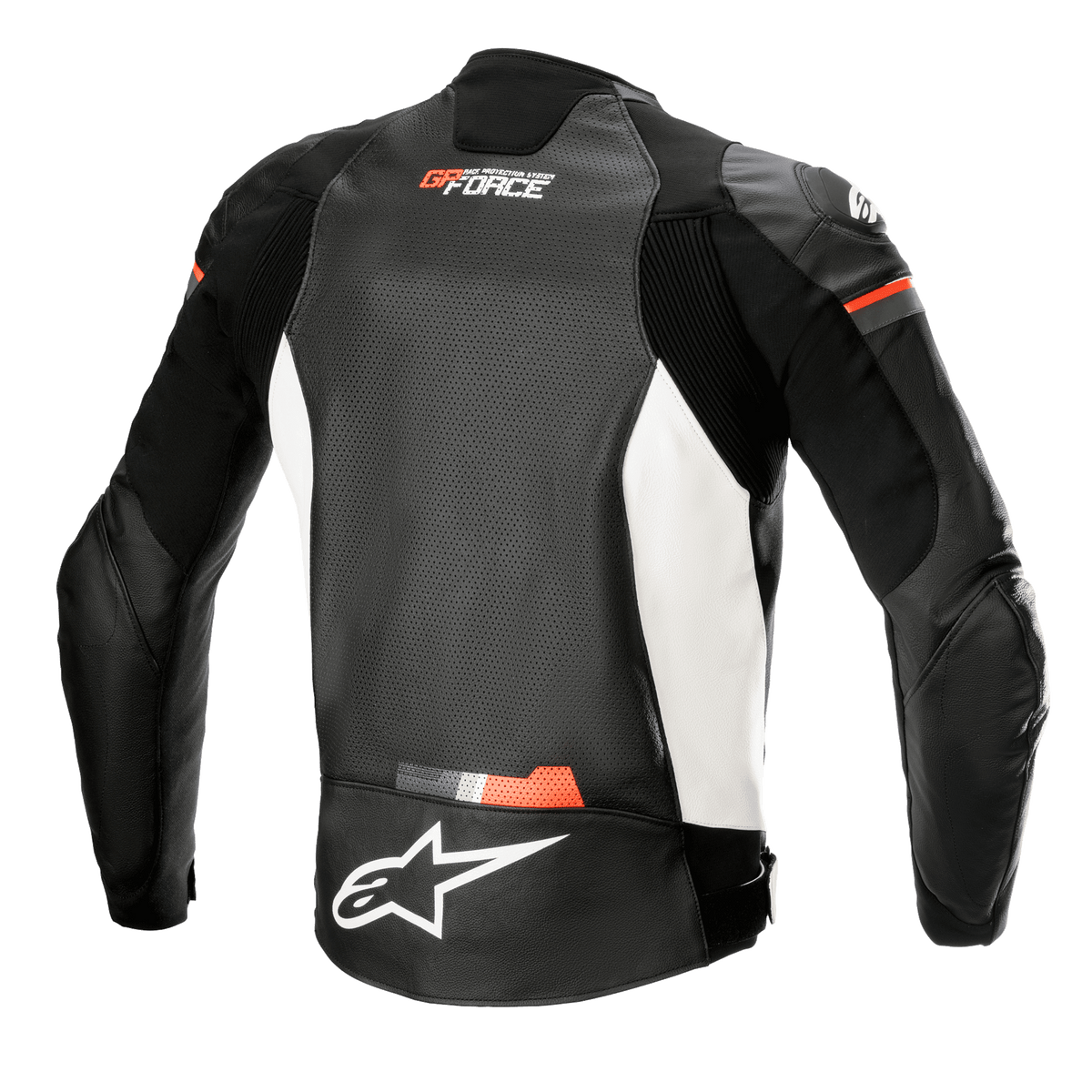 Veste en cuir Alpinestars GP Force Airflow, vue de dos, noir, blanc et rouge fluo, panneau arrière en cuir perforé pour la ventilation, inserts extensibles en accordéon sur les épaules et les côtés, logo Alpinestars blanc en bas du dos, marquage GP Force en haut du dos, vêtement de moto sportif