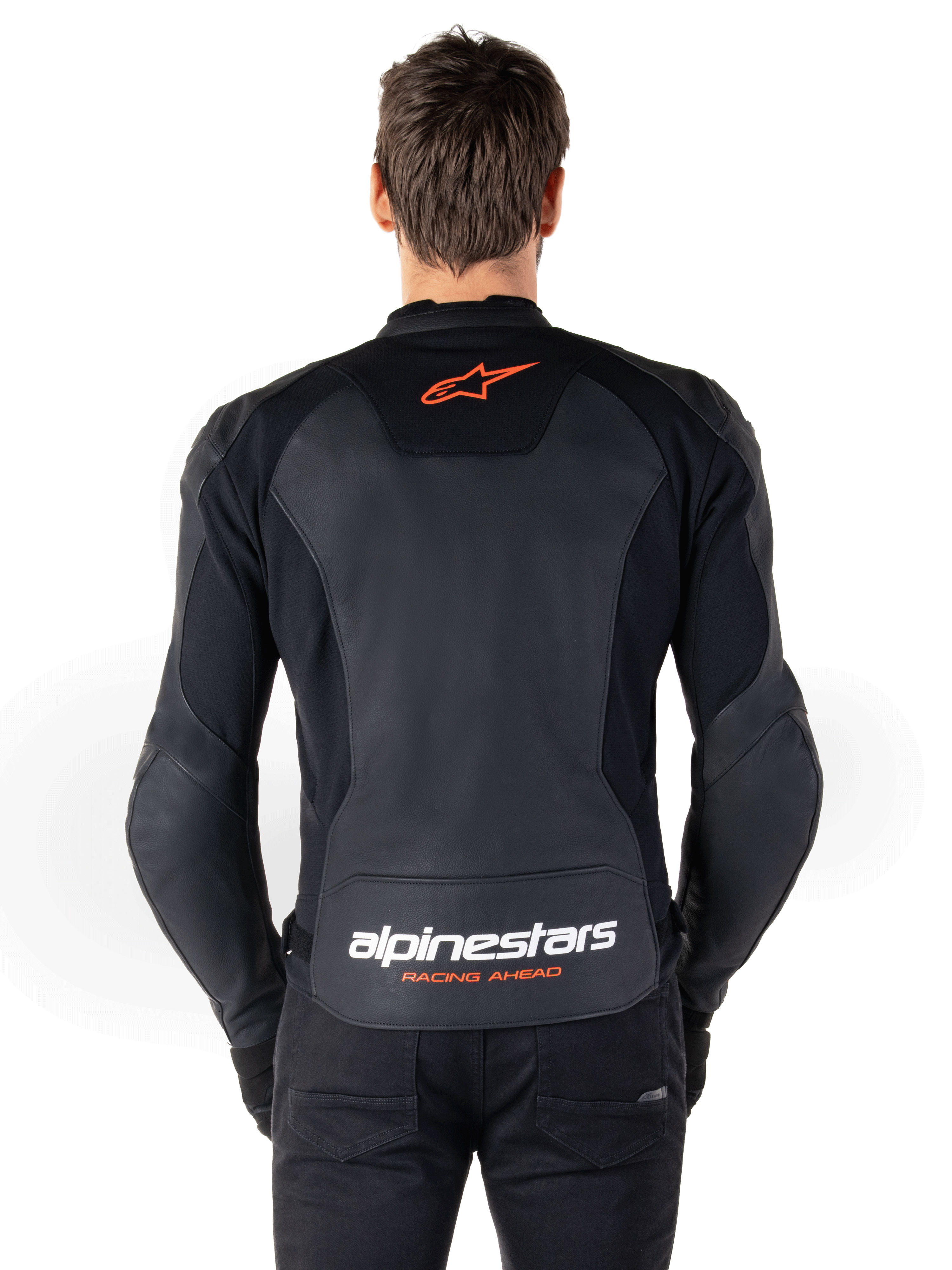 Alpinestars Faster V3 Lederjacke, Sport-Motorradjacke, Schwarz und Rot Fluo, mit hochwertiger Lederkonstruktion, HRSF-Stretch-Einsätzen und einer raffinierten sportlichen Silhouette.