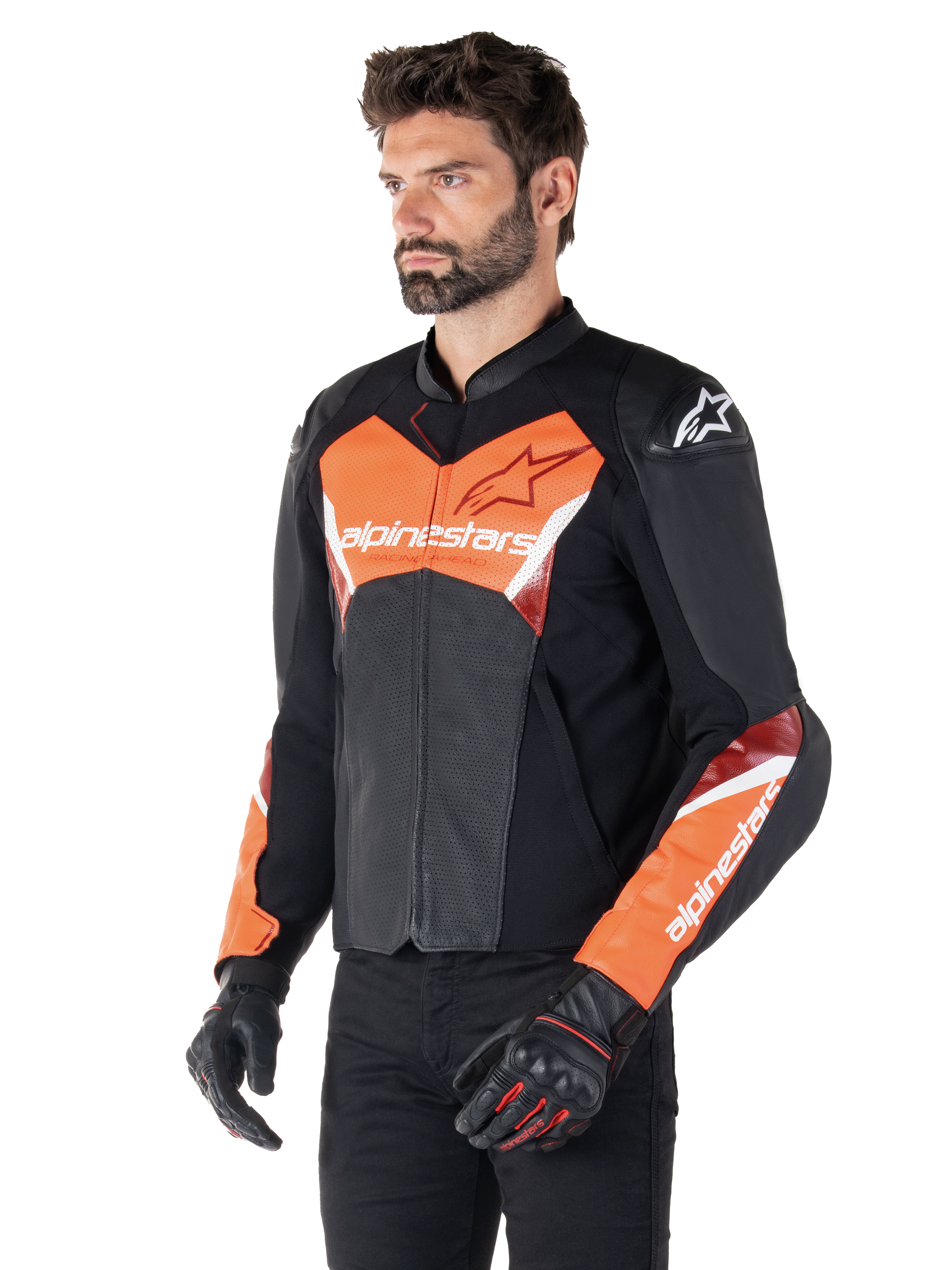 Alpinestars Faster V3 Airflow Lederjacke, Sport-Motorradjacke, Schwarz und Fluo-Rot, mit perforiertem Leder zur Belüftung, HRSF-Stretcheinsätzen und DFS GP Lite Schulterprotektoren, schlanke, vom Rennsport abgeleitete Silhouette