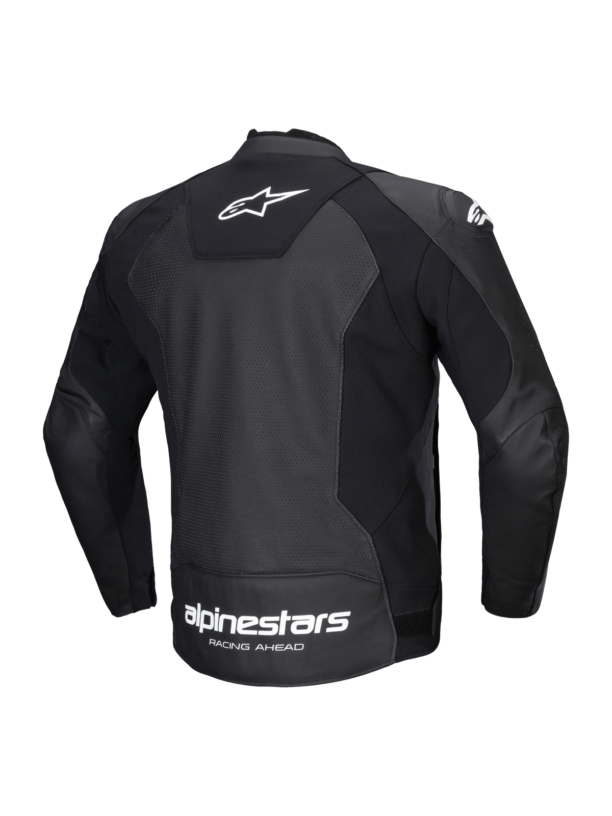 Alpinestars Faster V3 Airflow Leren Jas, heren sportmotorjas, achteraanzicht, zwart en wit, CE-gecertificeerd, HRSF stretchpanelen en geperforeerde lederen constructie