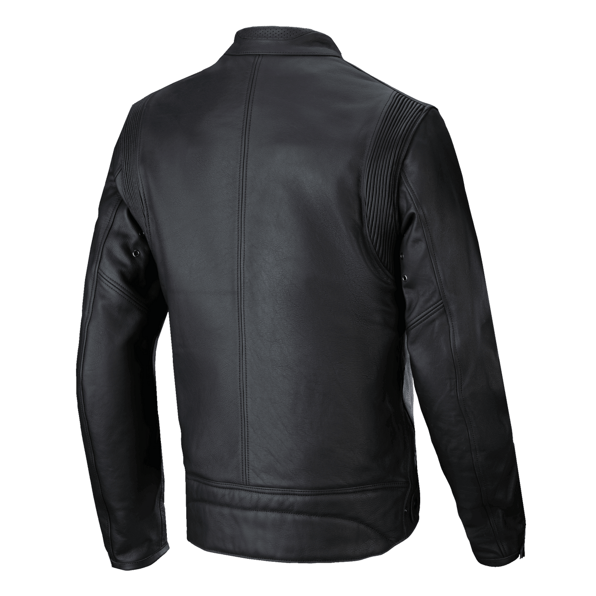 Alpinestars Dyno Leren Jas, zwart, achteraanzicht, op erfgoed geïnspireerde motorjas van premium rundleer, voorzien van accordeon stretchpanelen bij de schouders en een strakke verticale middennaad.