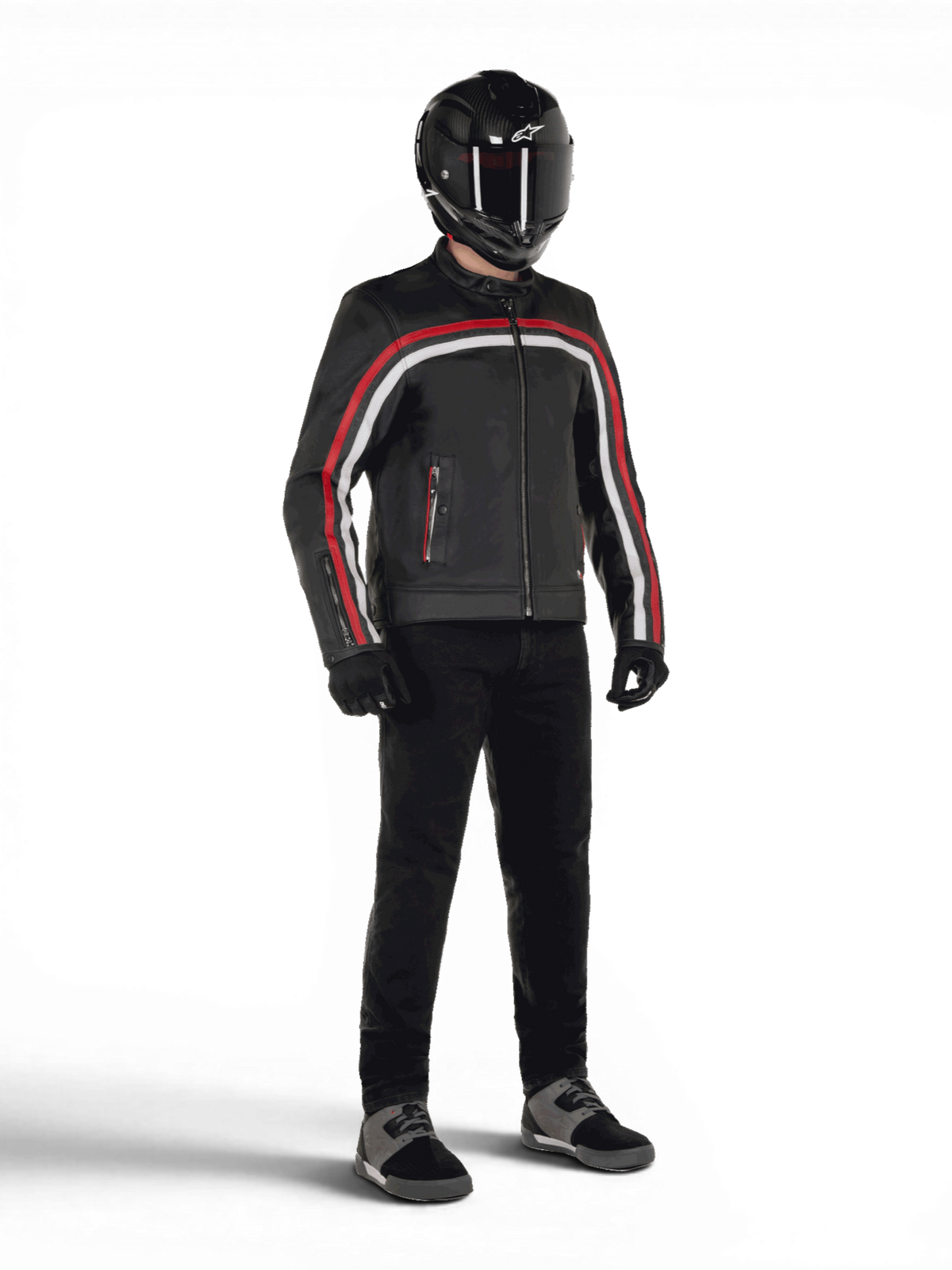 Alpinestars Veste en cuir Dyno, blouson de moto urbain pour homme, noire avec rayures rouge rubis et blanches, cuir de bovin, compatible Tech-Air, porté avec équipement complet.
