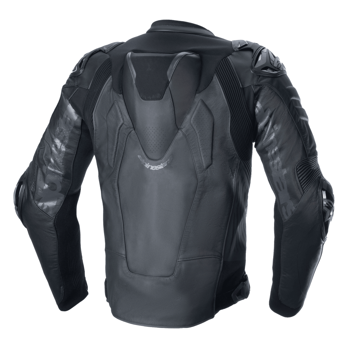 Alpinestars Atem V5 Lederjacke, Motorrad-Rennjacke, Schwarz, Rückansicht mit aerodynamischem Speed-Buckel, DFS RR Schulter- und Ellbogenprotektoren, technische Lederkonstruktion mit Stretcheinsätzen und Alpinestars-Branding an den Ärmeln