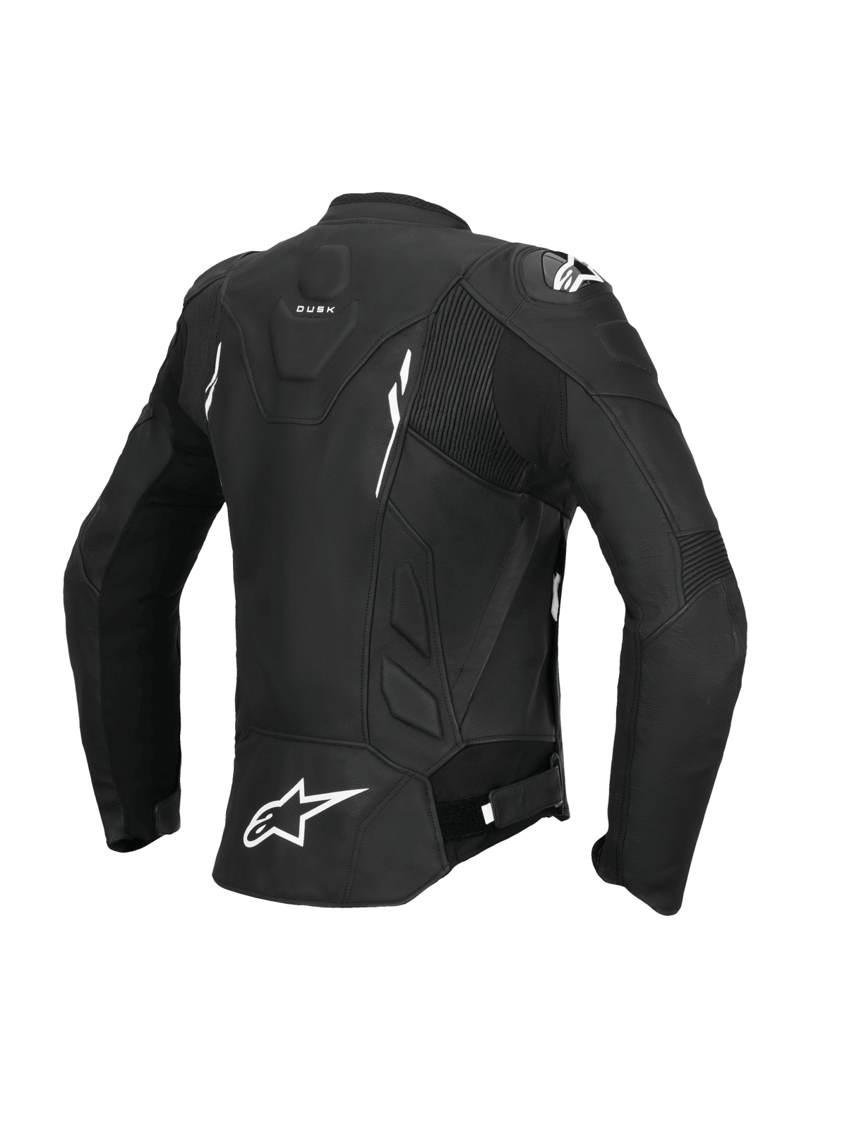 Alpinestars Stella Dusk leren motorjas, dames motorracejas, achteraanzicht in zwart en wit, CE-gecertificeerd AA-klasse met accordeon stretchpanelen