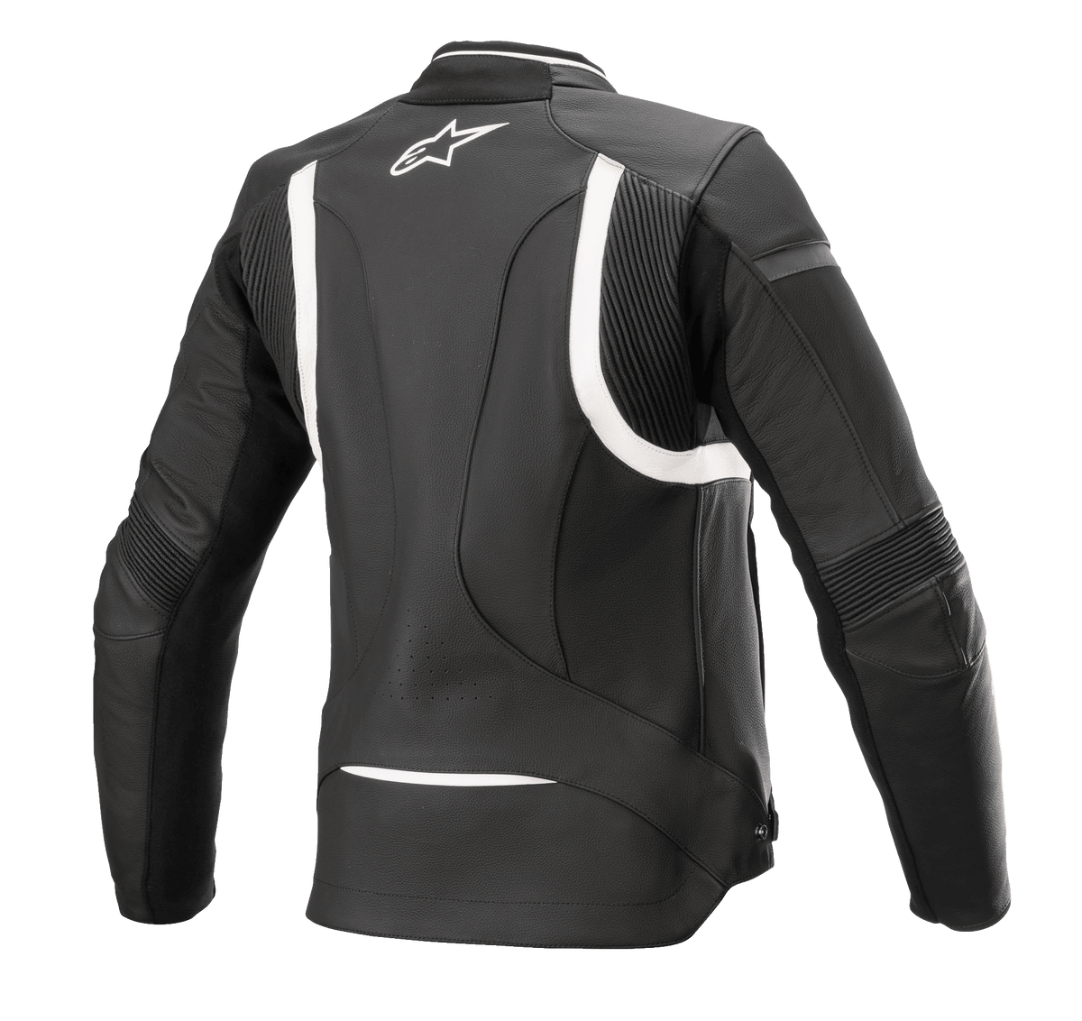 Veste en cuir Alpinestars Stella Kira V2 pour femme, noir et blanc, vue arrière mettant en évidence les panneaux extensibles en accordéon sur le dos et les coudes, dos allongé pour une meilleure couverture en conduite, logo Alpinestars blanc sur le haut du dos, fabrication en cuir de bovin premium.