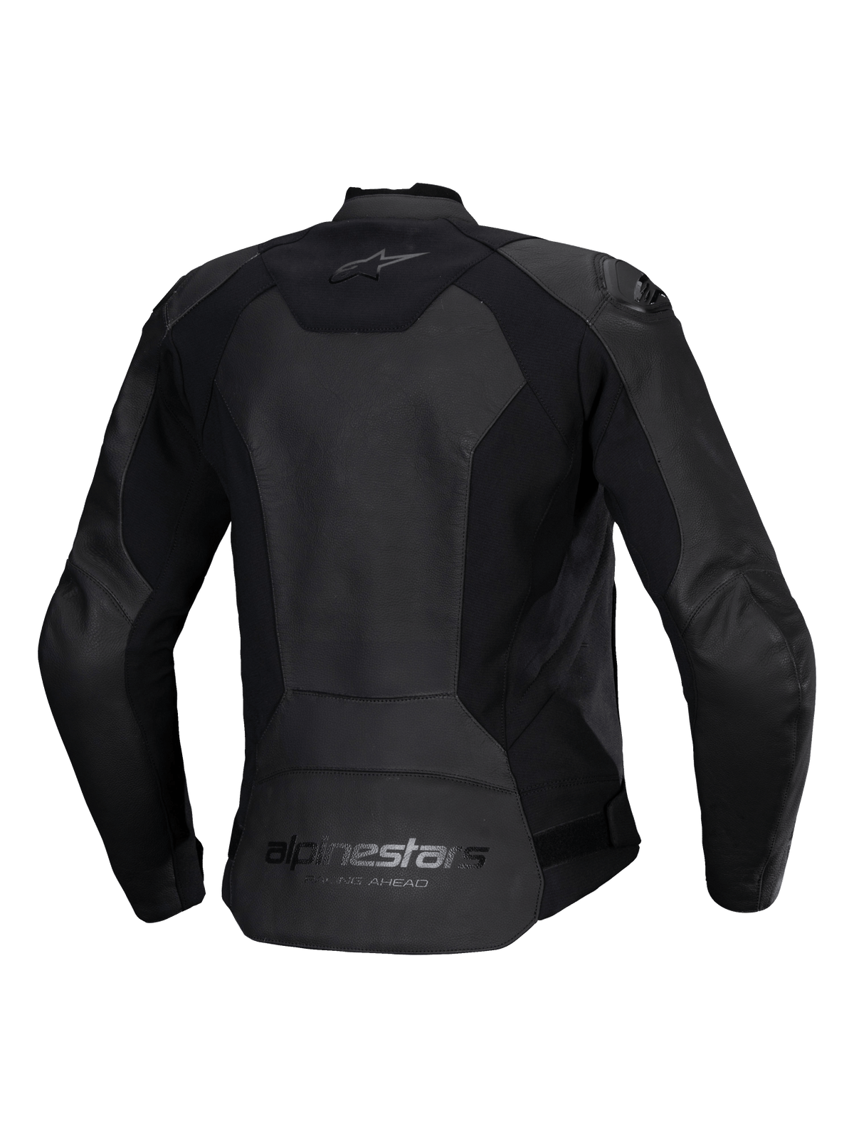 Alpinestars Stella Faster V3 Lederjacke für Damen, Motorrad-Lederjacke für Damen, Schwarz, Rückansicht mit Alpinestars-Branding auf dem oberen und unteren Rücken, Stretcheinsätzen für Bewegungsfreiheit und einem verlängerten Rücken für bessere Abdeckung.