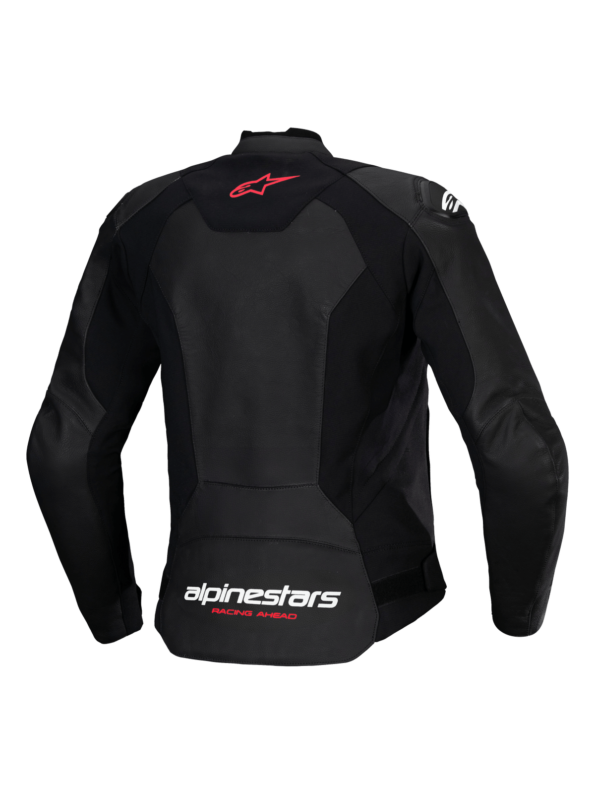 Blouson en cuir Alpinestars Stella Faster V3, blouson de moto sport pour femme, noir, vue de dos avec logo étoile rouge sur le haut du dos et marquage Alpinestars blanc avec texte « Racing Ahead » corail fluo sur le bas du dos, coupe féminine profilée avec cuir de première qualité et empiècements extensibles