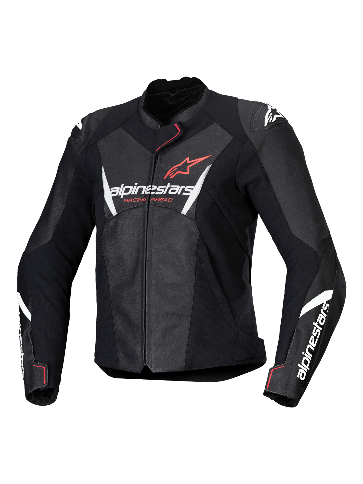 Alpinestars Stella Faster V3, blouson de moto en cuir pour femme, noir avec accents blancs et corail fluo, construction en cuir premium, logos Alpinestars sur la poitrine et les manches, coupe racing sportive avec protections d'épaules intégrées et fermeture éclair frontale