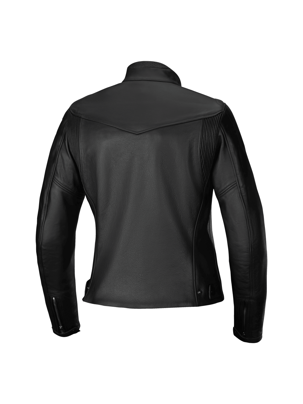 Alpinestars Tory Damen Lederjacke, Motorradjacke, Schwarz, Rückansicht mit taillierter femininer Passform, Leder-Akkordeon-Einsätze an den Schulterblättern, Ärmelbündchen mit Reißverschluss und hochwertige Rindslederstruktur.