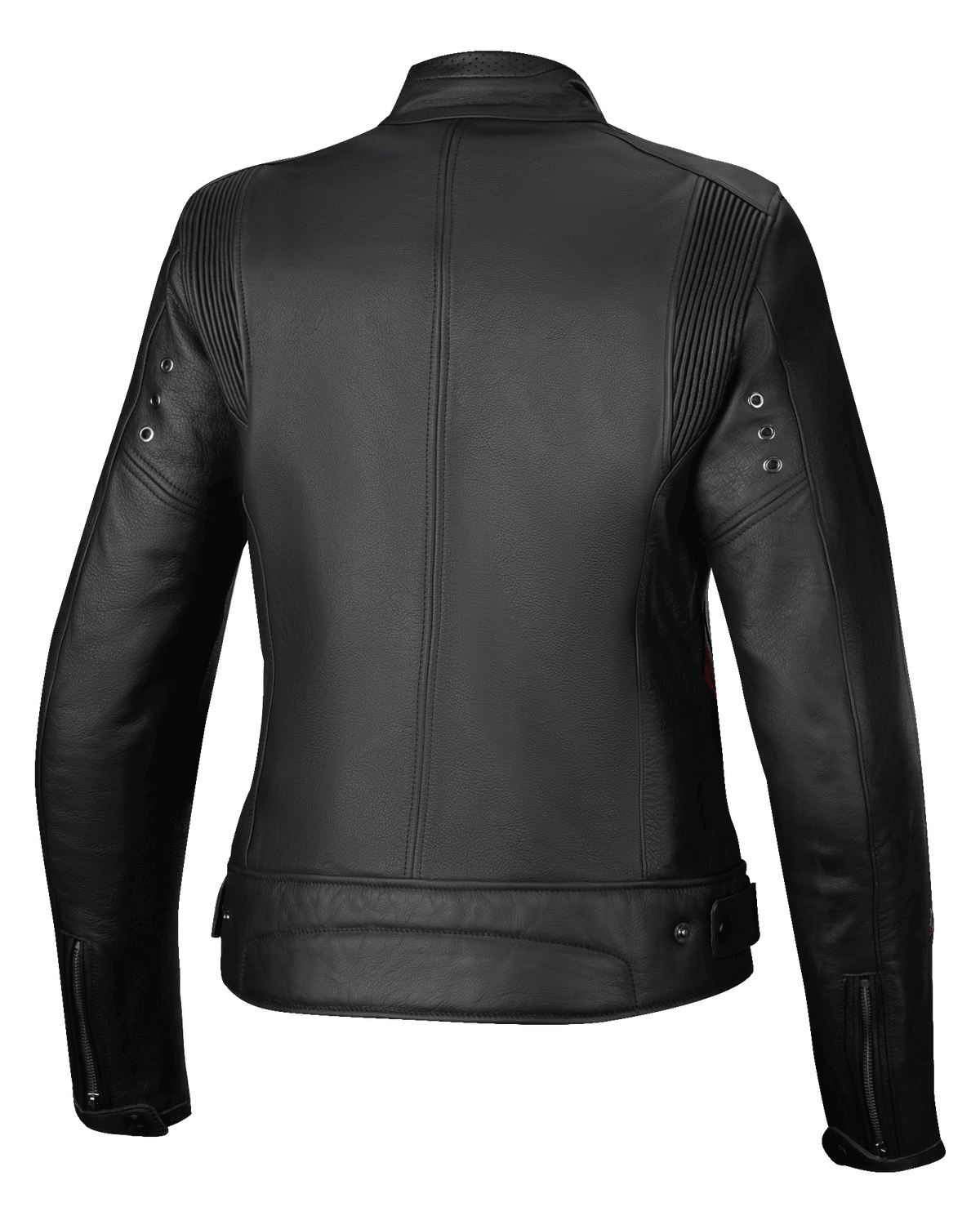 Alpinestars Stella Dyno Leren Jas, dames motorjas, achteraanzicht, zwart met rode accenten, premium runderleren constructie