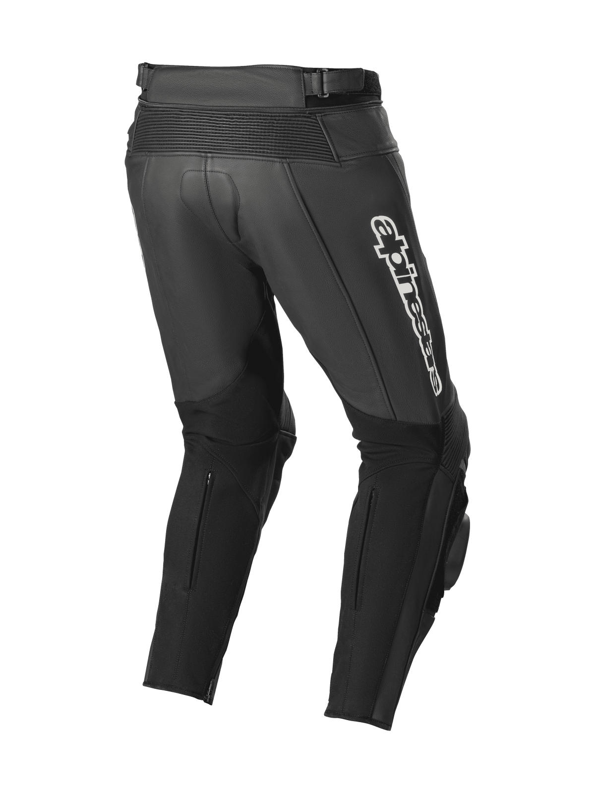 Pantalon en cuir Alpinestars Track V2, noir, vue arrière montrant les zones d'extension en cuir accordéon, logo Alpinestars blanc sur la cuisse, larges empiècements extensibles sur les mollets et sliders de genoux intégrés pour un usage sur piste et route