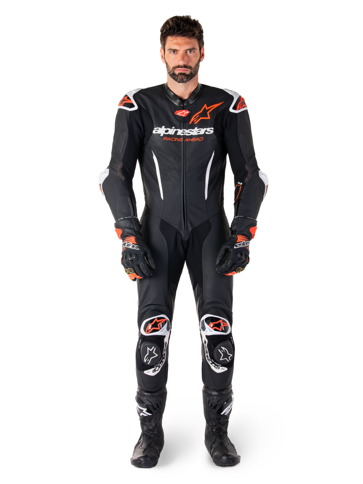 Alpinestars GP-R7 Lederkombi für Herren, Profi-Motorradrennsport, Schwarz und Rot Fluo, Premium-Leder.