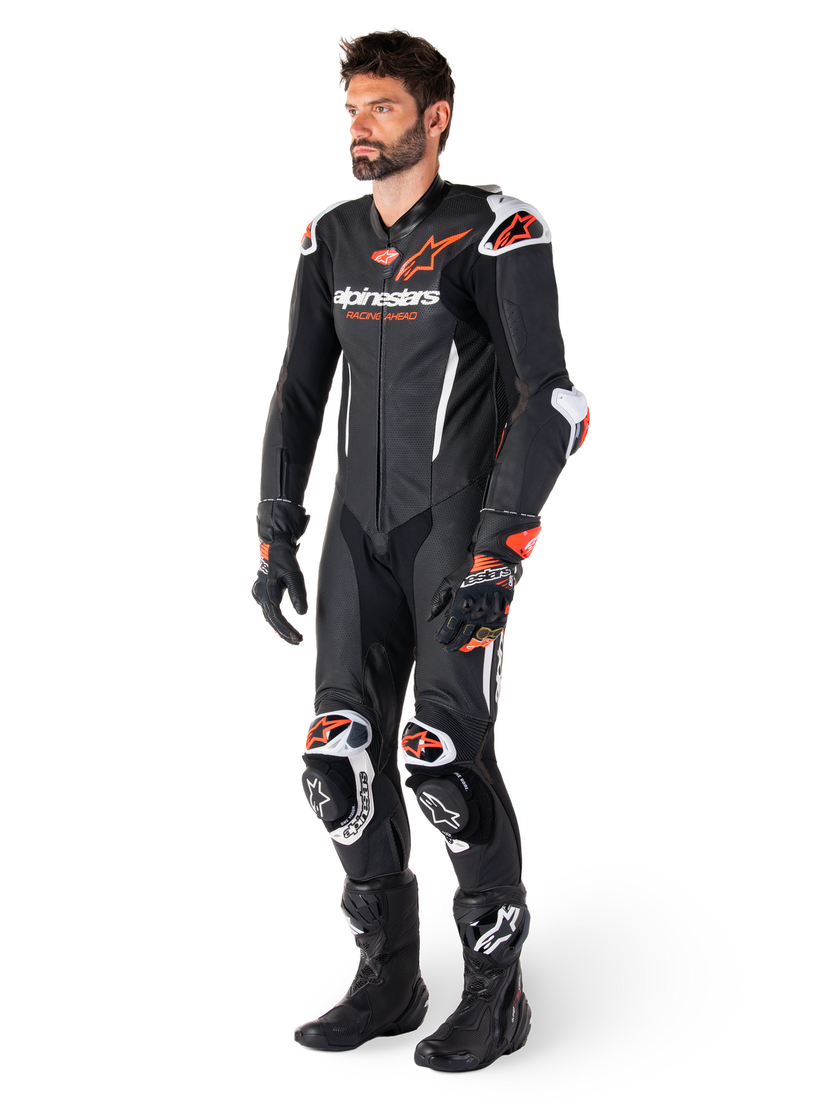 Alpinestars GP-R7 1-teilige Lederkombi, Motorradrennanzug für Herren, Schwarz und Fluo-Rot, aus perforiertem Leder.