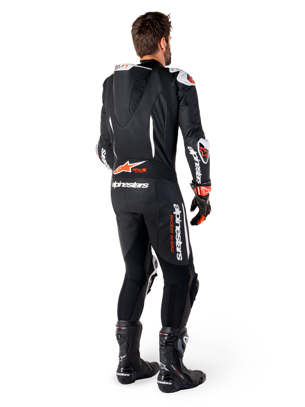 Alpinestars GP-R7 Einteiliger Lederkombi, Herren-Rennkombi in Schwarz und Rot Fluo, Aero-Höcker, Tech-Air Ready.