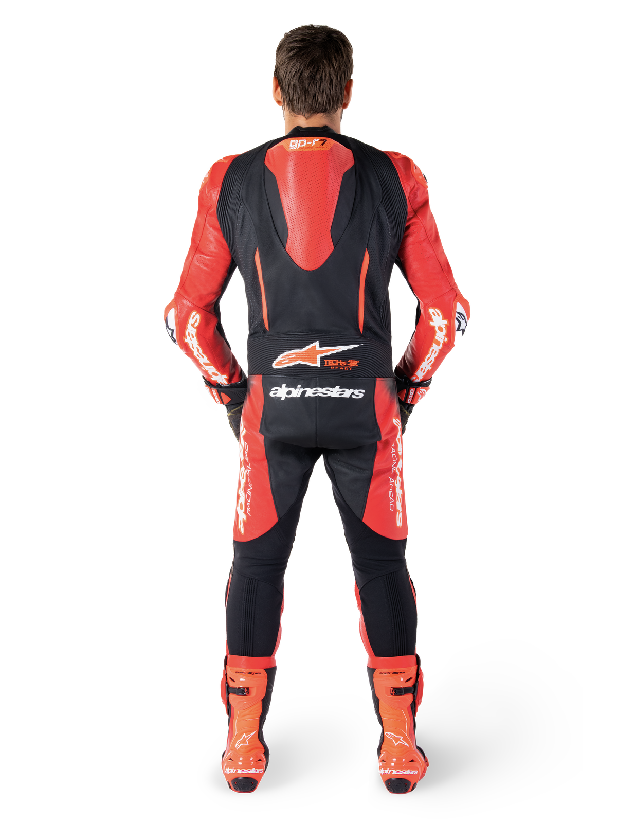 Alpinestars GP-R7 Leren Pak 1 Stuk, motorracepak in zwart en rood, achteraanzicht met aerodynamische bult.