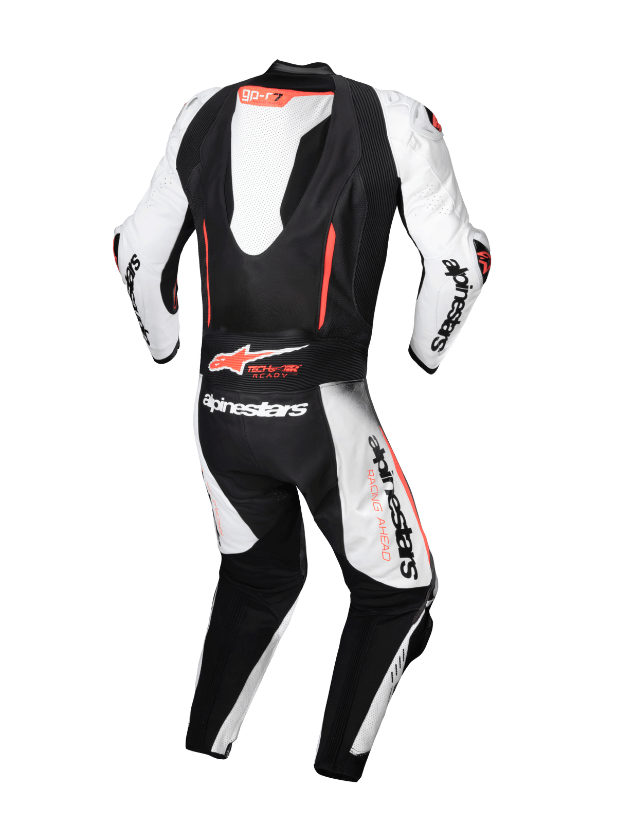 Combinaison en cuir Alpinestars GP-R7 1 pièce, blanche, noire et rouge, bosse aérodynamique, compatible Tech-Air, vue de dos