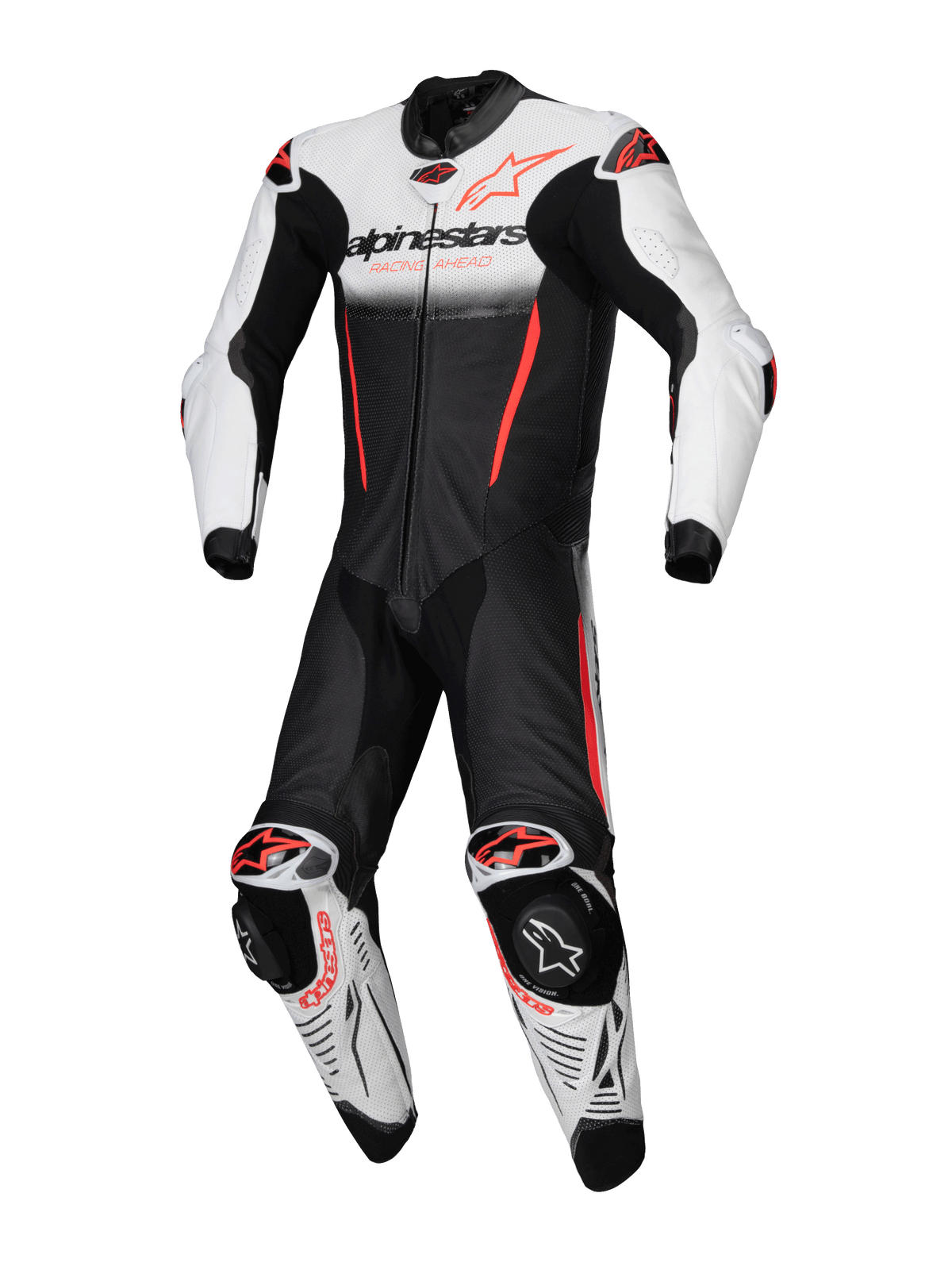 Alpinestars GP-R7, combinaison en cuir de course moto, blanche, noire et rouge fluo, compatible Tech-Air, certifiée CE.