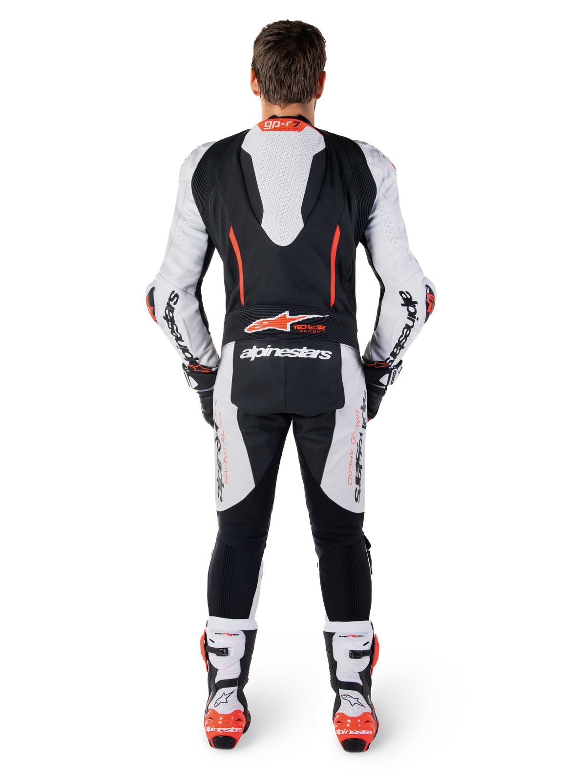 Combinaison en cuir Alpinestars GP-R7 1 Pièce, vue arrière sur mannequin, blanc et noir, bosse aérodynamique