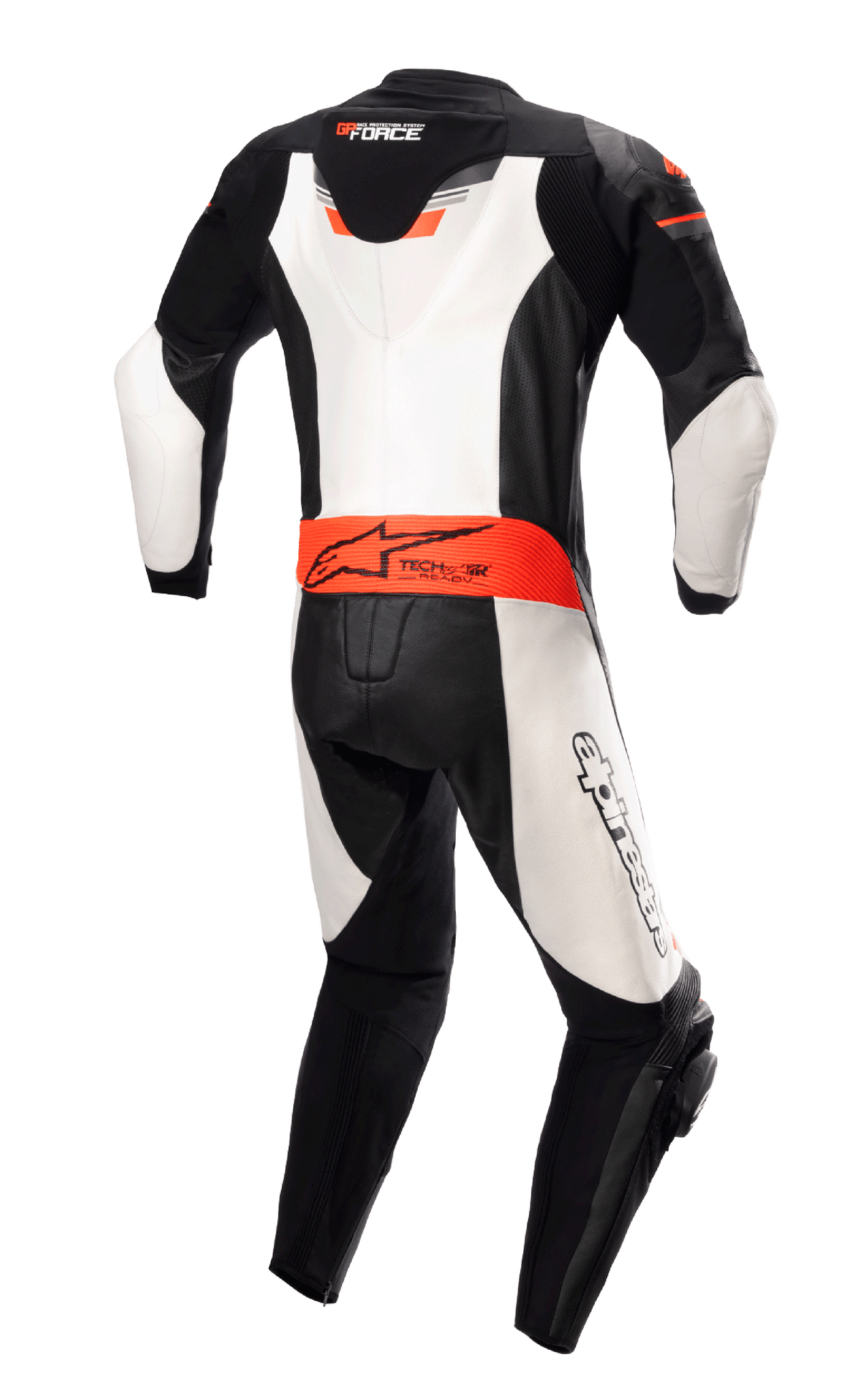 Alpinestars GP Force Chaser einteilige Lederkombi, Rückansicht, Schwarz, Weiß und Fluo-Rot, mit aerodynamischem Rückenhöcker, Tech-Air Ready-Branding an der Taille und weißen Lederpaneelen, professionelle Motorrad-Rennkombi aus Rindsleder