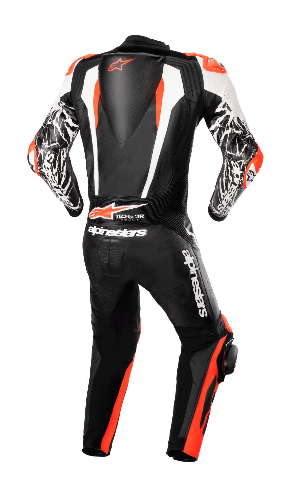 Alpinestars Racing Absolute V2 One Piece Leather Suit, vue arrière, noir, blanc et rouge fluo, avec bosse aérodynamique avec logo, marquage Tech-Air Ready et accents marbrés blancs sur les bras, équipement de moto professionnel prêt pour la piste