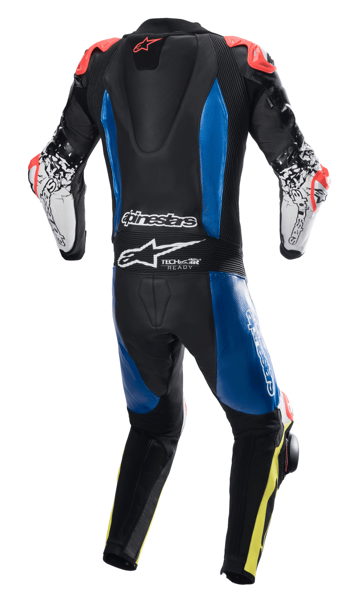 Alpinestars GP Tech V4 Leren Pak, eendelig lederen racepak, zwart met blauwe panelen en fluo rode accenten, achteraanzicht met aerodynamische bult en Tech-Air Ready branding, witte mouwen met zwarte graphics en fluo gele details op de benen, professionele race-uitrusting voor circuitprestaties