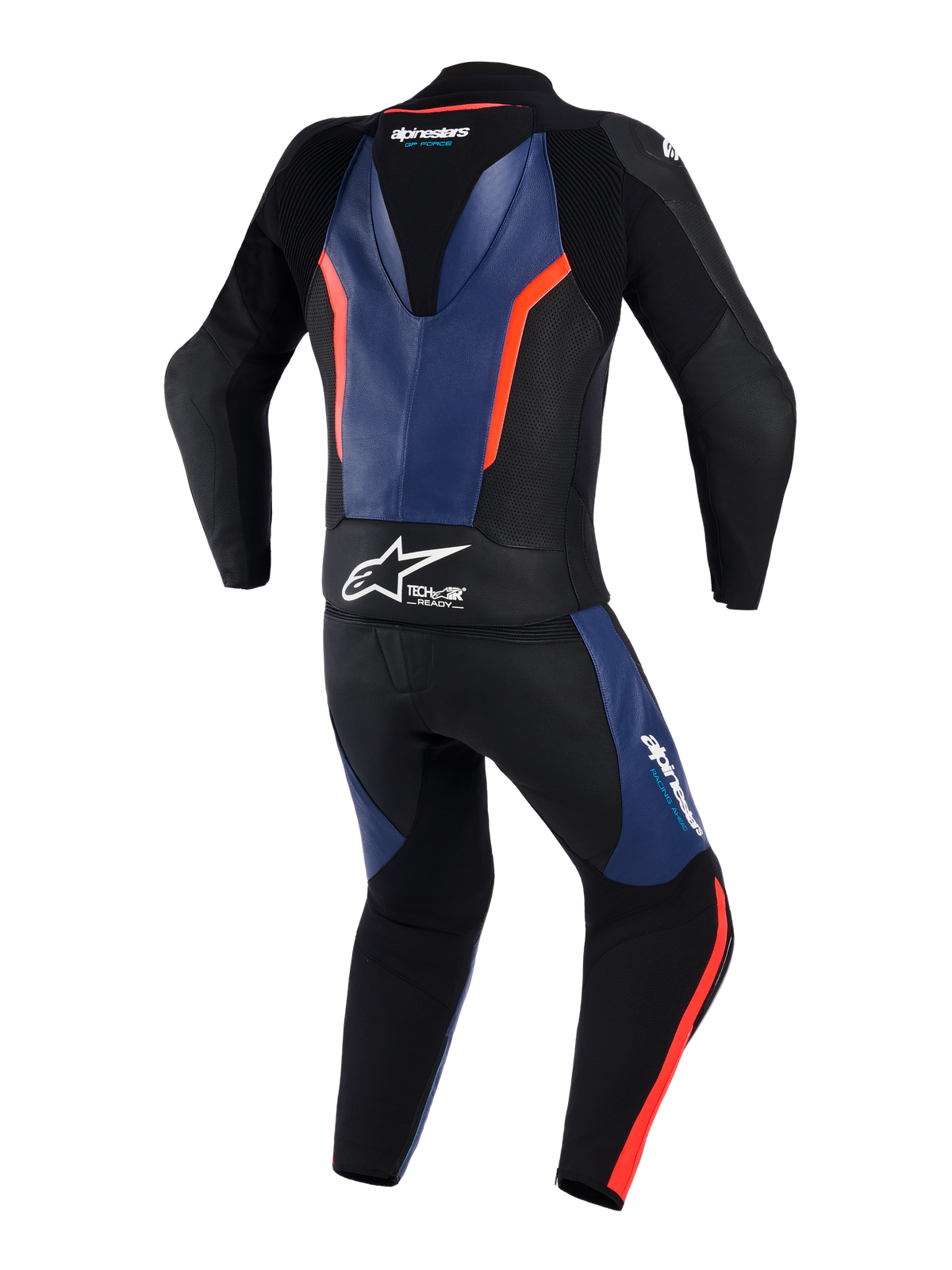 Alpinestars GP Force V2 Lederkombi 2-teilig, Rückansicht, Schwarz mit blauen und Red Fluo Akzenten, professioneller Motorrad-Rennanzug mit aerodynamischem Speed-Hump, weißem Tech-Air Ready Branding an der Taille, perforierten Ledereinsätzen und Akkordeon-Stretchzonen für verbesserte Bewegungsfreiheit.