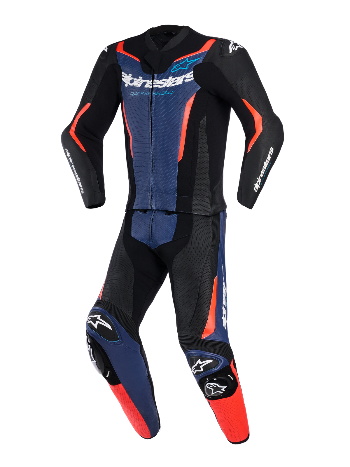 Alpinestars GP Force V2 Lederkombi 2-teilig, Schwarz, Blau und Rot Fluo, professionelle Motorrad-Rennkombi mit perforierten Ledereinsätzen, integrierten Knieschleifern und auffälligem Branding auf Brust und Ärmeln