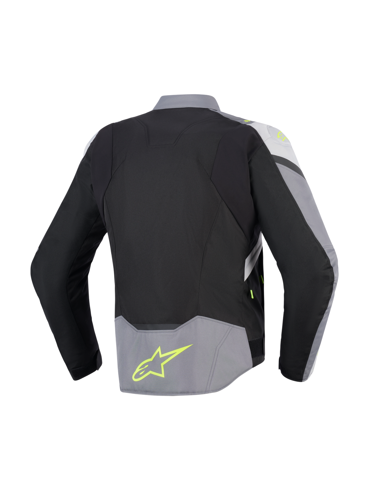 Veste imperméable Alpinestars T-Jaws V4, vue arrière, noir, gris glacier et gris foncé, veste de moto en textile avec accents jaune fluo et logo sur le bas du dos, coupe sport avec profil arrière allongé