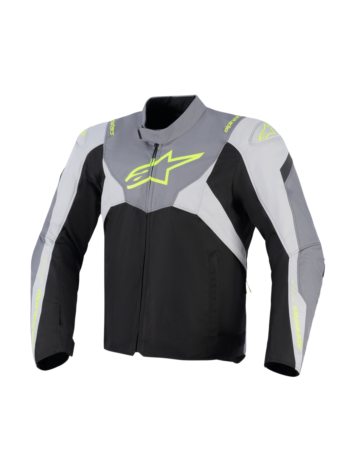 Veste imperméable Alpinestars T-Jaws V4, veste de moto en textile, noir, gris glacé et gris foncé avec marquage jaune fluorescent, dotée d'un grand logo néon sur la poitrine et de panneaux de protection aux épaules