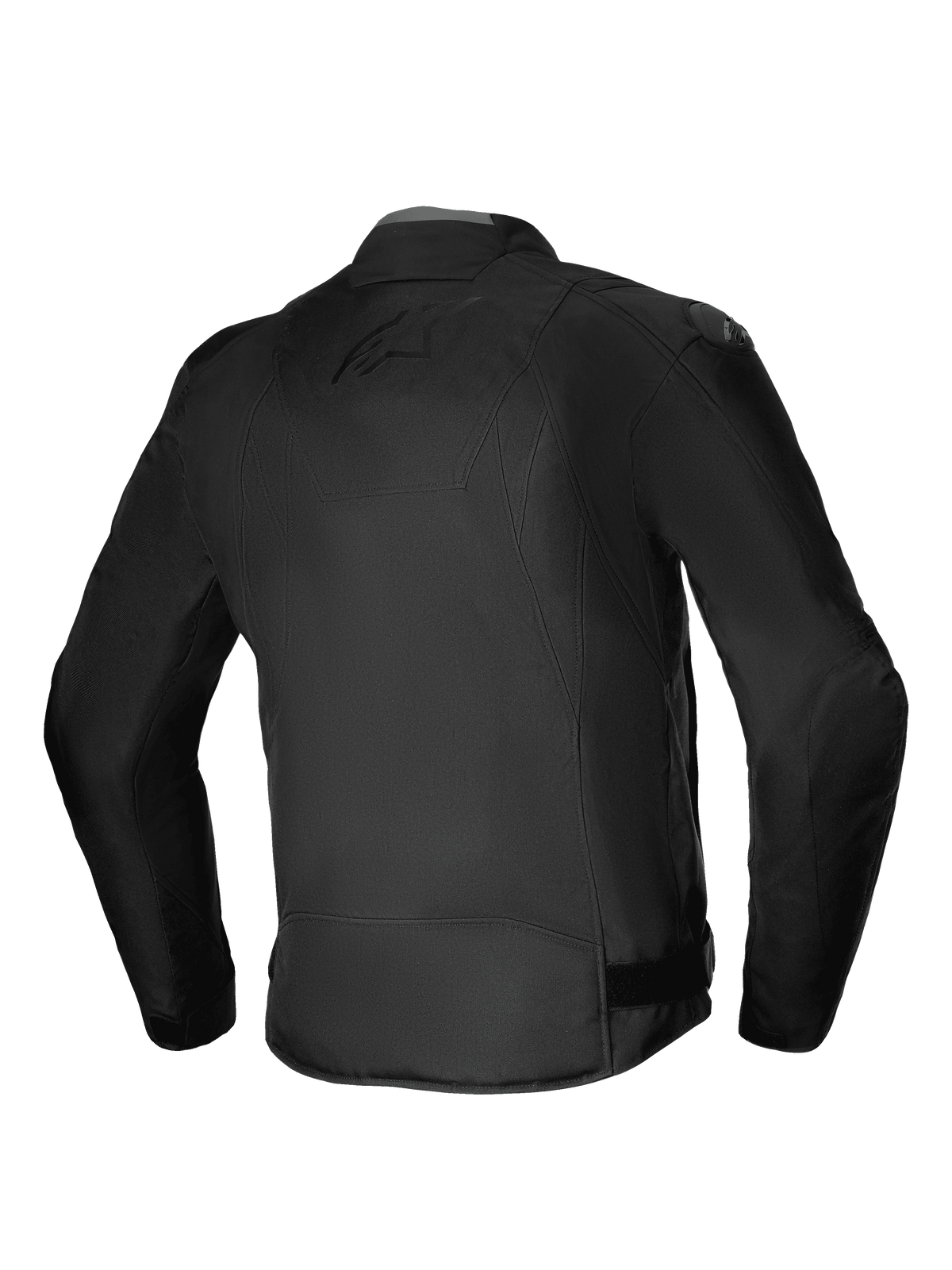 Alpinestars T-SP 1 V2 Wasserdichte Jacke, Textil-Motorradjacke, Schwarz, Rückansicht mit 3D-Sport-Silhouette, DFS Lite Schultergleitern und dezentem Ton-in-Ton-Branding auf dem Rücken, strapazierfähige Allwetter-Fahrausrüstung