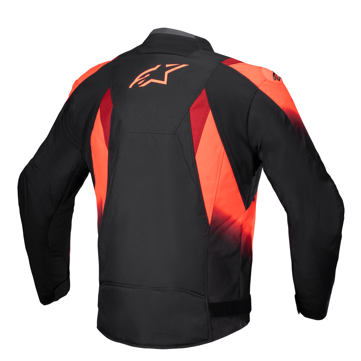 Alpinestars T-SP 1 V2 wasserdichte Jacke, Rückansicht, Schwarz und Rot Fluo, Textil-Motorradjacke mit markantem roten Astars-Logo auf dem oberen Rücken, sublimierten Grafiken und sportlich geschnittener Silhouette