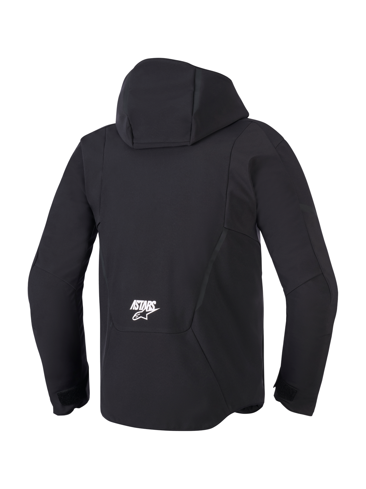 Alpinestars Aeroshell waterdichte jas, heren-softshelljas, zwart, achteraanzicht met capuchon en wit ASTARS-logo op de rug