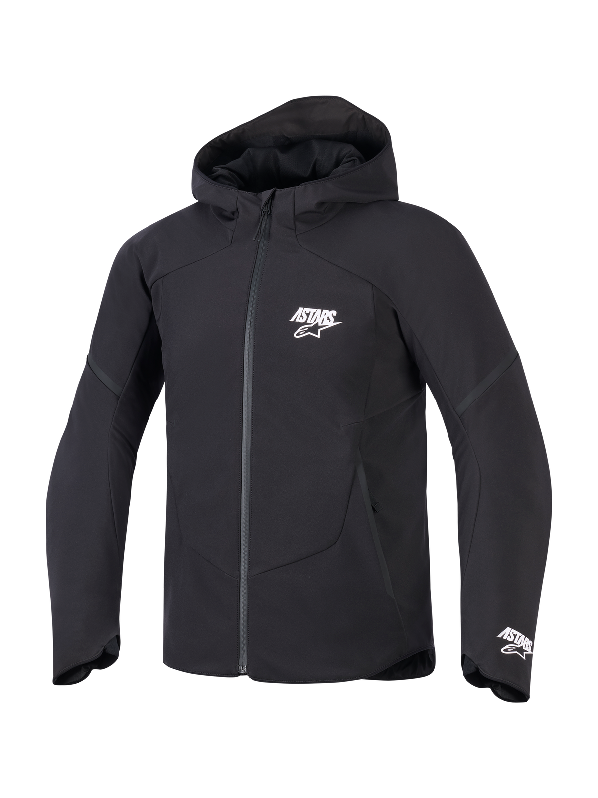 Alpinestars Aeroshell waterdichte jas, zwarte herenmotorjas met capuchon, softshell en witte ASTARS-branding.