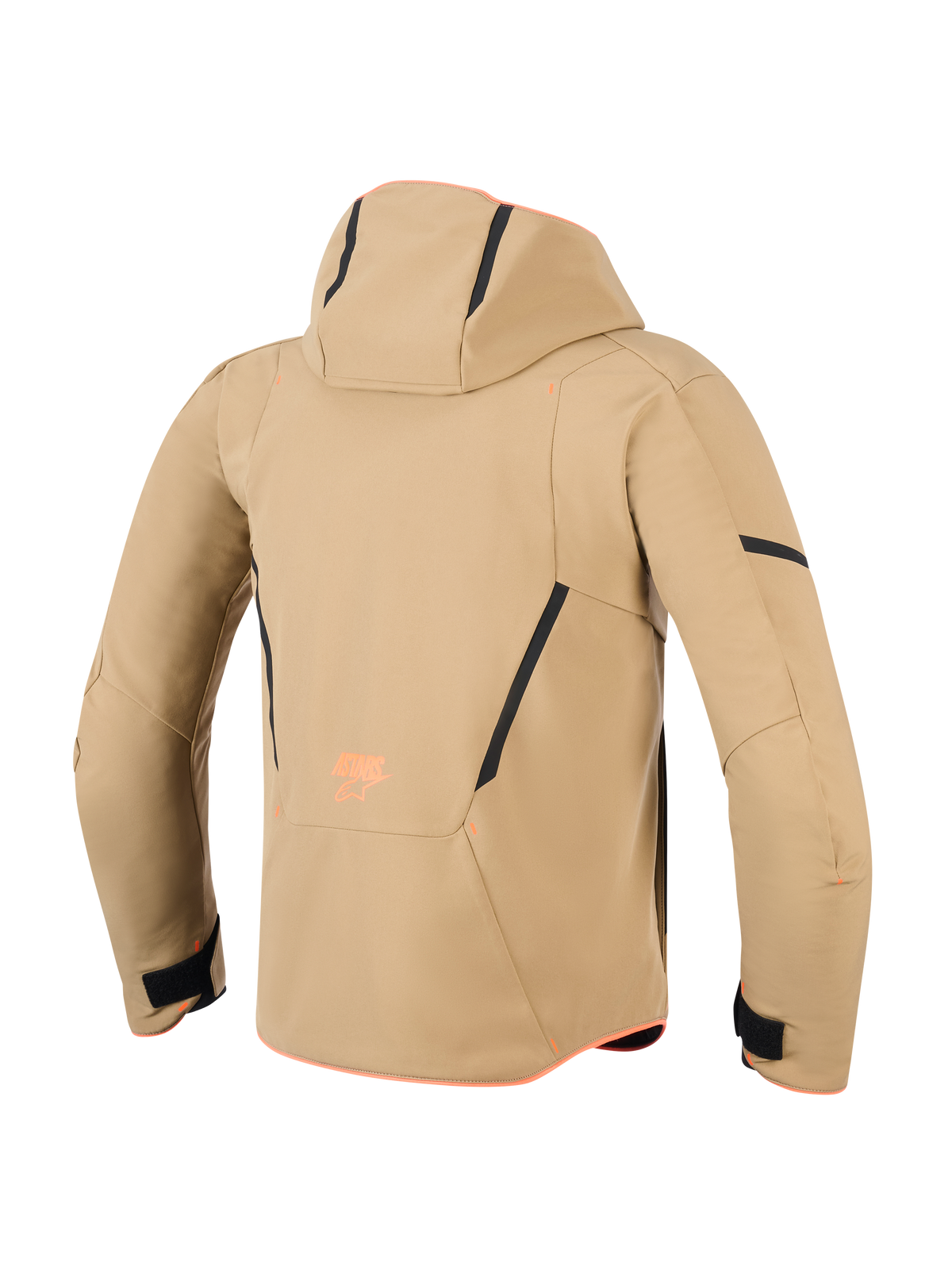 Alpinestars Aeroshell Waterproof Jacket, achteraanzicht, Dark Khaki met zwarte en oranje fluo accenten, voorzien van een capuchon, zwarte contrastlijnen en oranje logo, sportieve softshell motorhoodie