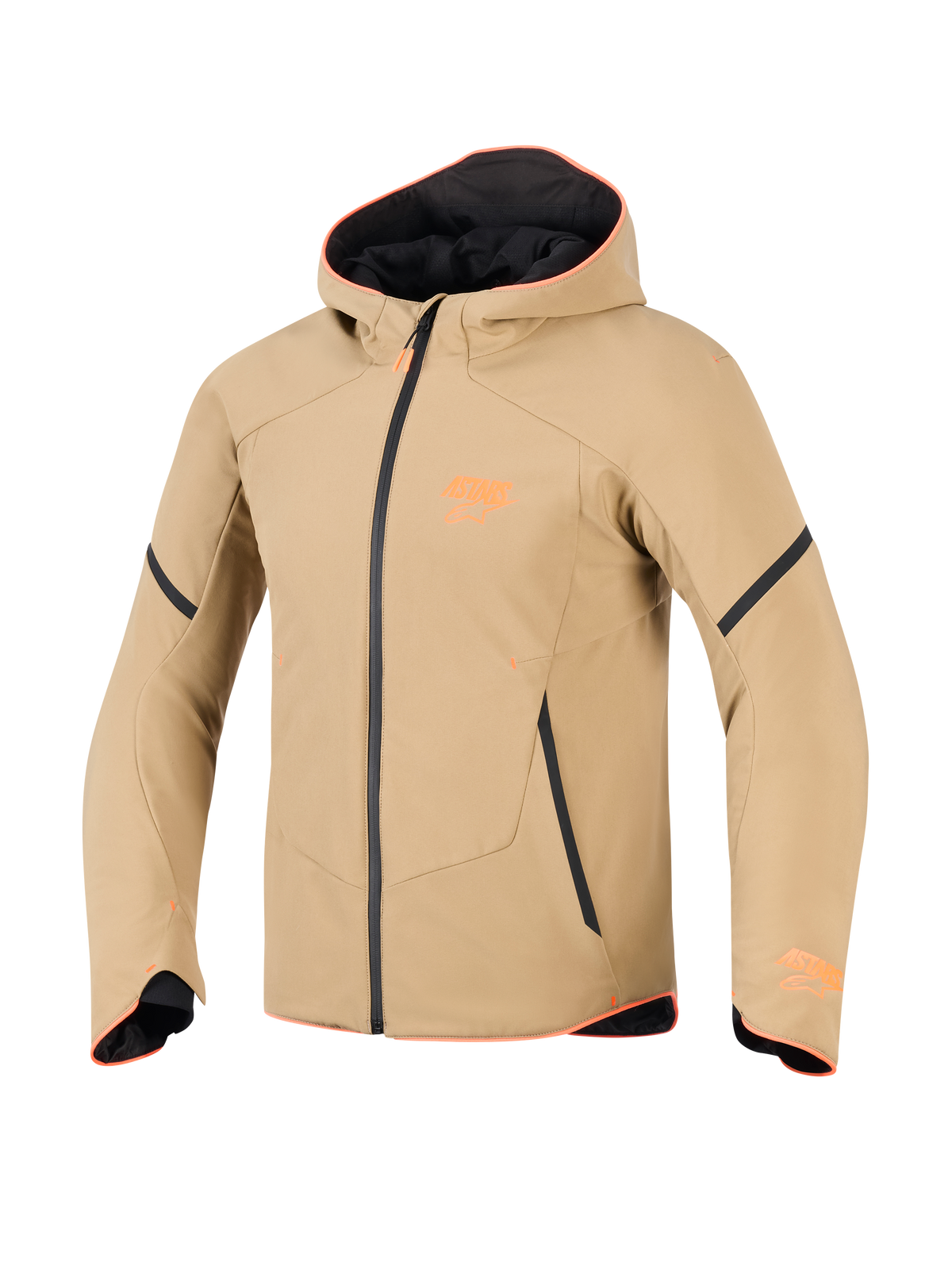 Alpinestars Aeroshell Waterproof jas, donkerkhaki met zwarte en fluororanje accenten, sportieve softshell hoodie-stijl, technische motorkleding met oranje bies en logo op de borst