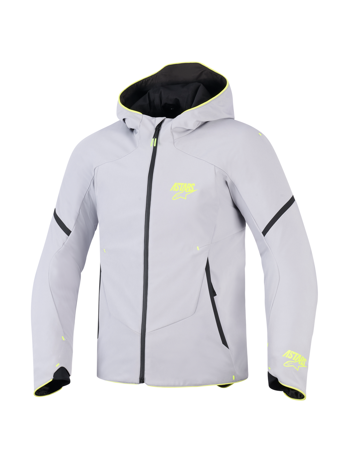 Alpinestars Aeroshell Waterproof Jacke, Mittelgrau und Neongelb, Sport-Softshell-Motorradjacke mit Kapuze, mit neongelben ASTARS-Logos, schwarzem wasserdichtem Reißverschluss und moderner sportlicher Passform.