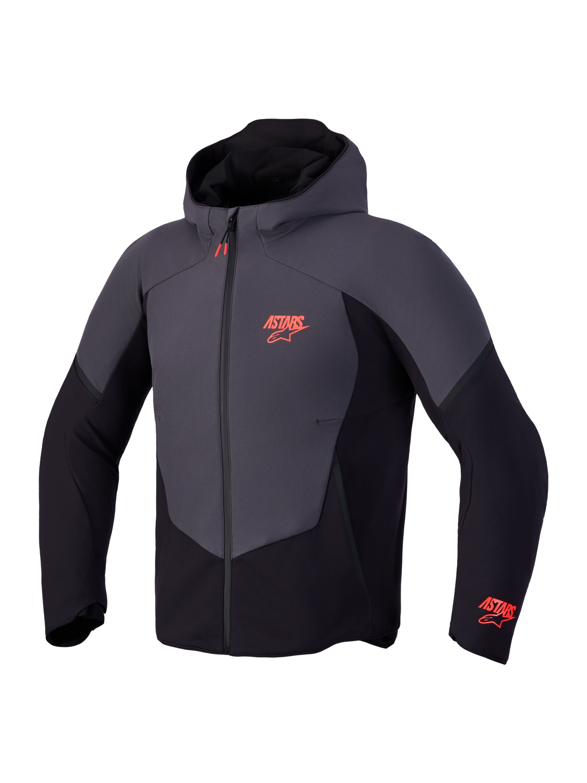 Alpinestars Aeroshell Wp Jacke, CE-zertifizierte Motorrad-Softshell-Kapuzenjacke, Schwarz und Dunkelgrau mit roten Logo-Akzenten, wasserdichtes Design mit Kapuze