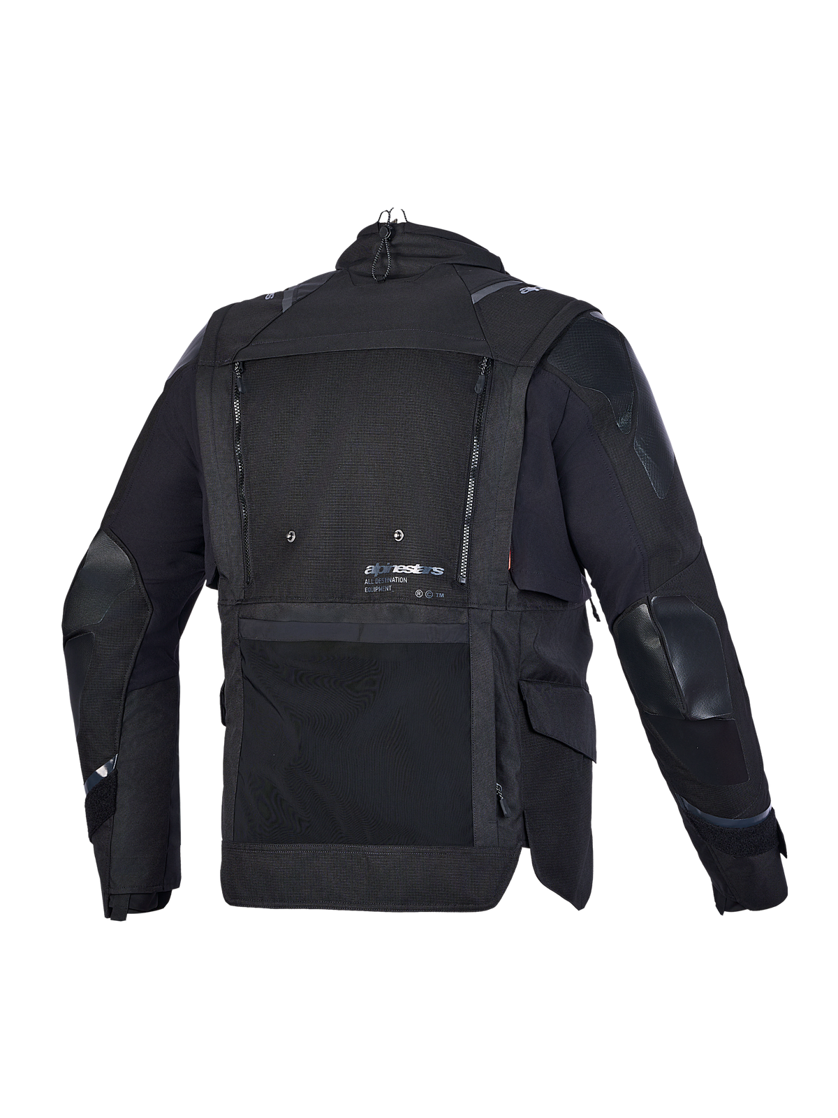 Alpinestars Harok V 2 Drystar, veste de moto adventure, vue de dos en noir, avec construction en ripstop technique, panneau de ventilation en mesh et poches étanches
