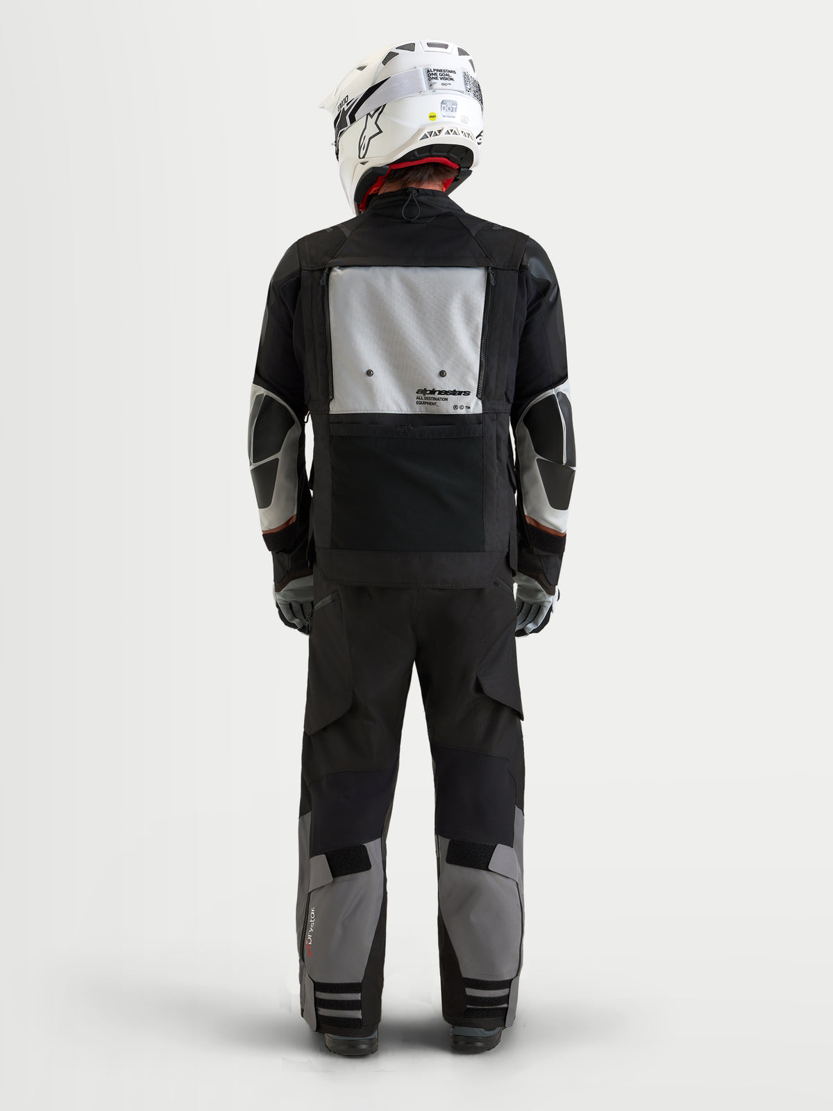 Alpinestars Harok V 2 Drystar jas, heren avontuurlijke touring-motorjas, donkergrijs, ijsgrijs en zwart, achteraanzicht met modulair ventilatiepaneel en CE-bescherming