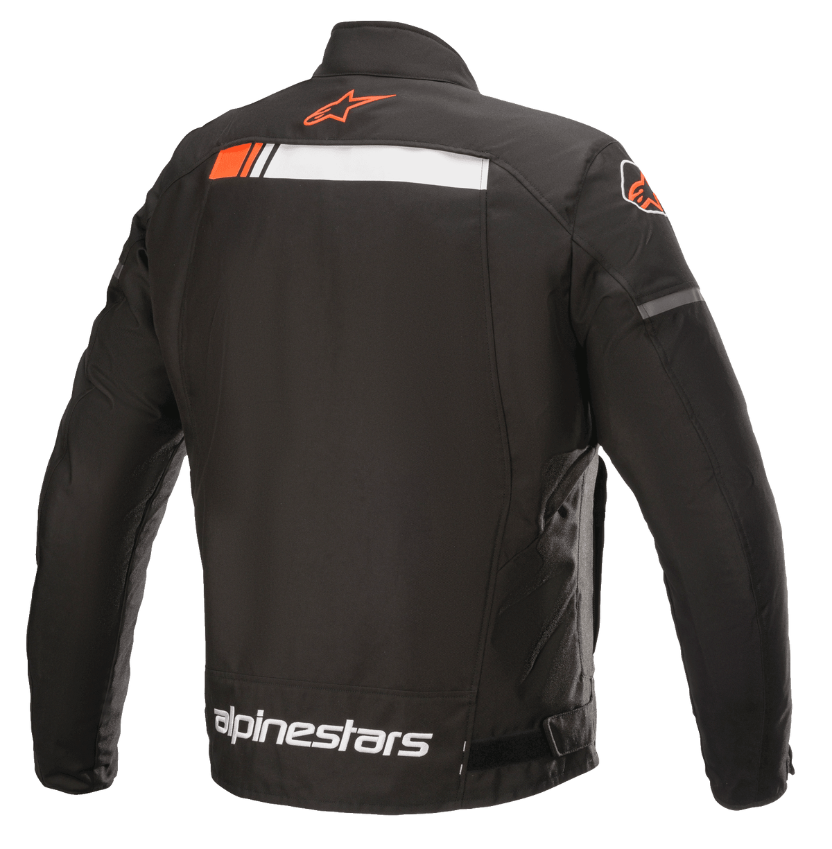 Alpinestars T-SP S Ignition Wasserdichte Jacke, Motorradjacke, Schwarz, Weiß und Neonrot, Rückansicht mit weißem und fluoreszierend rotem horizontalem Streifen über den Schultern, Alpinestars-Logo am Kragen und am unteren Rücken, strapazierfähige Textilkonstruktion für den Stadtverkehr.