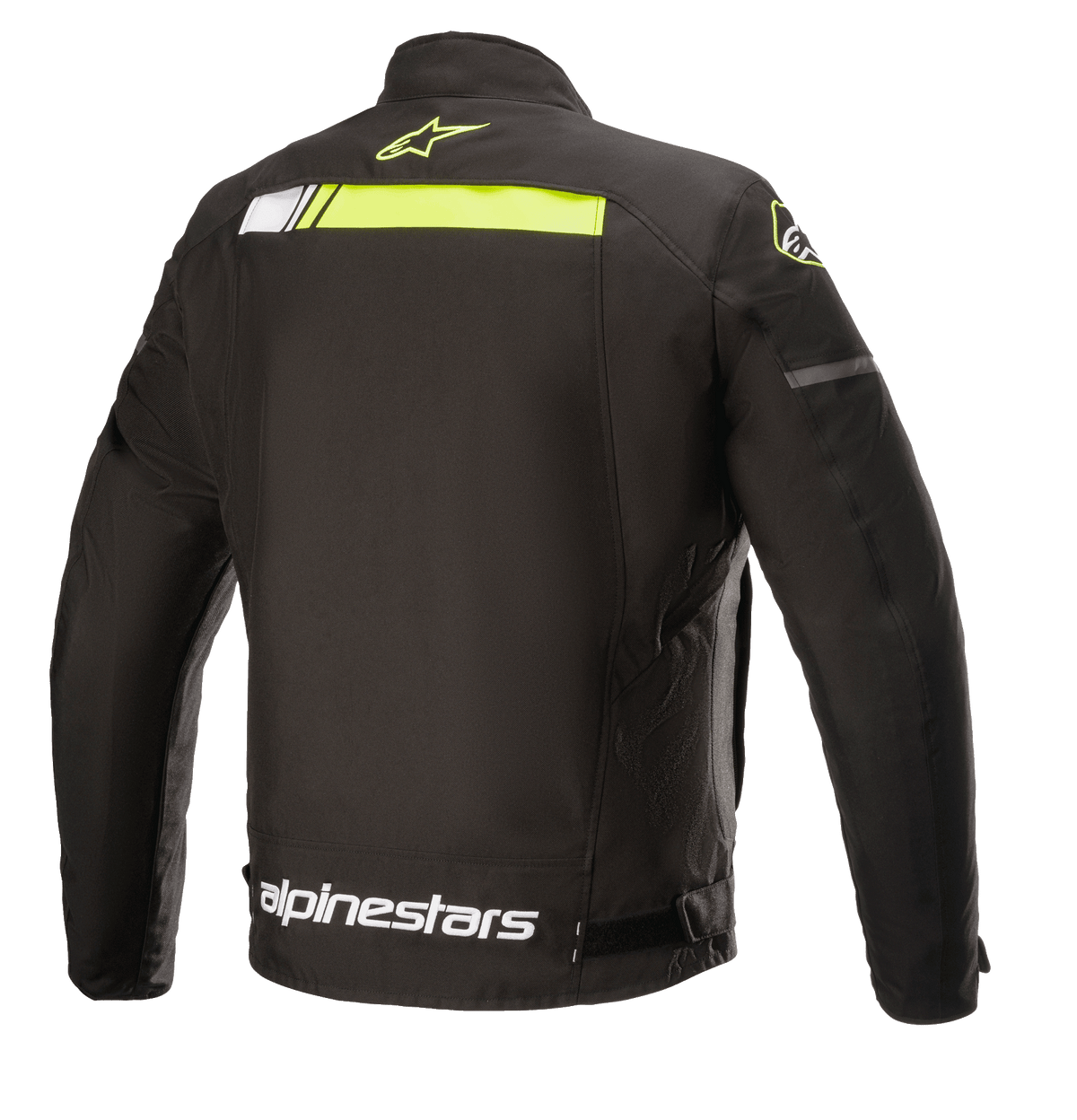 Alpinestars T-SP S Ignition Wasserdichte Jacke, Textil-Motorradjacke, Schwarz und Neongelb, Rückansicht mit horizontalem neongelbem Streifen am oberen Rücken, weißem Alpinestars-Logo an der Taille und kleinem gelbem Stern-Logo am Kragen