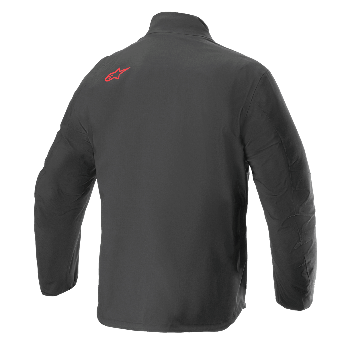 Alpinestars AMT Storm Gear Drystar® XF Jas, waterdichte motorjas, zwart, achteraanzicht met een rood Alpinestars-logo op de bovenste schouder, duurzame textiele ripstop-constructie met een verlengde rug voor extra dekking