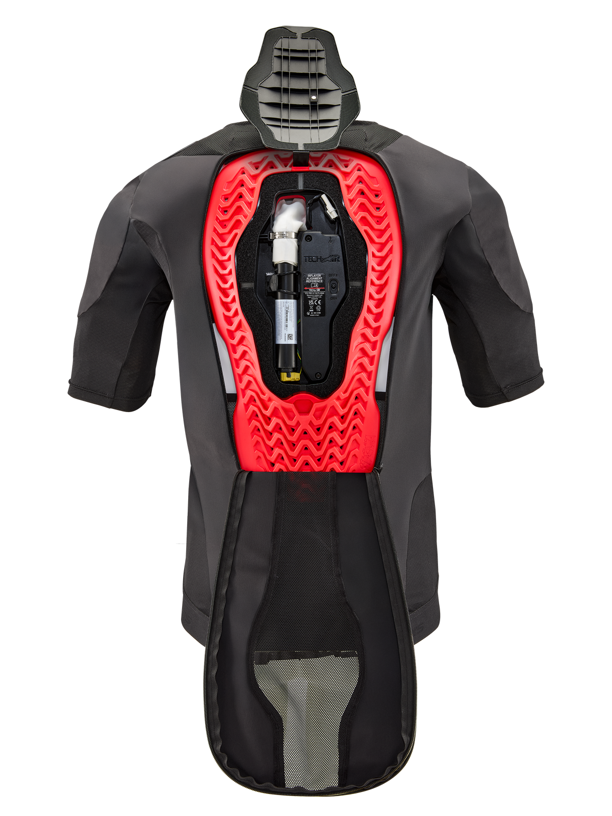 Alpinestars Tech-Air® 5 Plasma Airbag Vervangingscanister, getoond in een Tech-Air® 5 Plasma vest, zwart kledingstuk met een felrood honingraatvormig intern frame, voorzien van de argon gascilinder en elektronische unit, technische motorveiligheidsuitrusting.