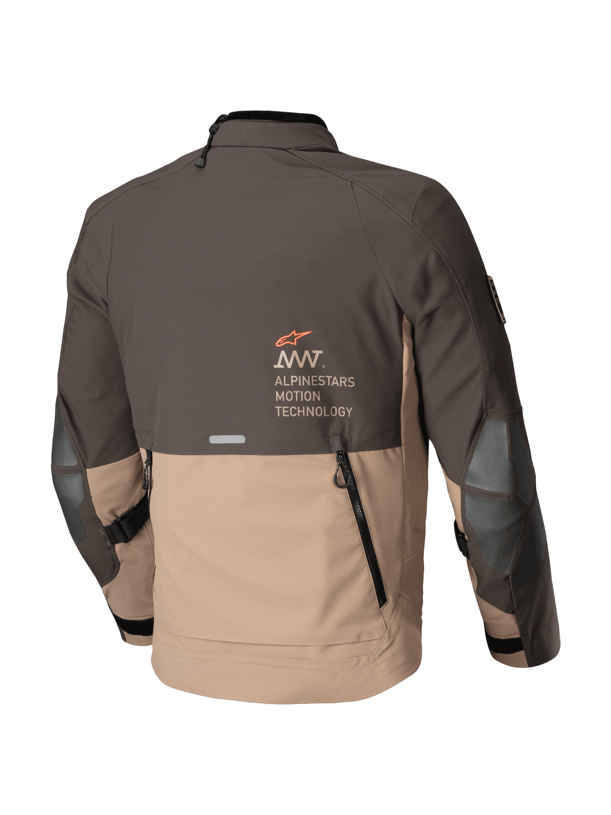 Alpinestars AMT-8 Stretch Drystar® XF motorjas, avontuurlijke touring motorjas, donkerbruin en donker khaki, achteraanzicht met ventilatieopening en Alpinestars Motion Technology branding