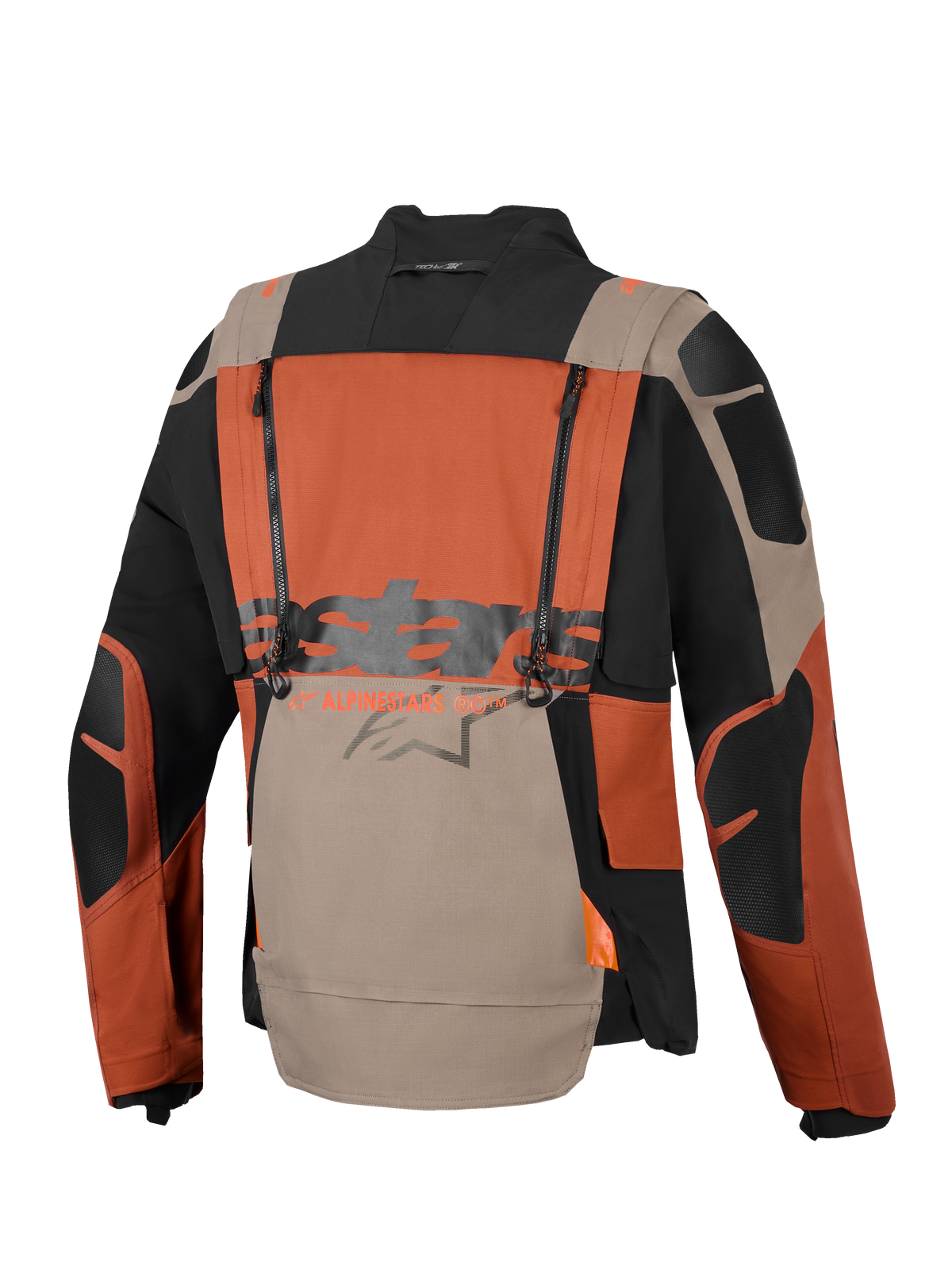 Alpinestars Halo Pro Drystar® XF Laminierte Jacke, Adventure-Motorradjacke, Walnut Rust Black, Rückansicht mit vertikalen Belüftungsreißverschlüssen, großem Alpinestars-Branding in der Mitte und strapazierfähiger Ripstop-Textilkonstruktion