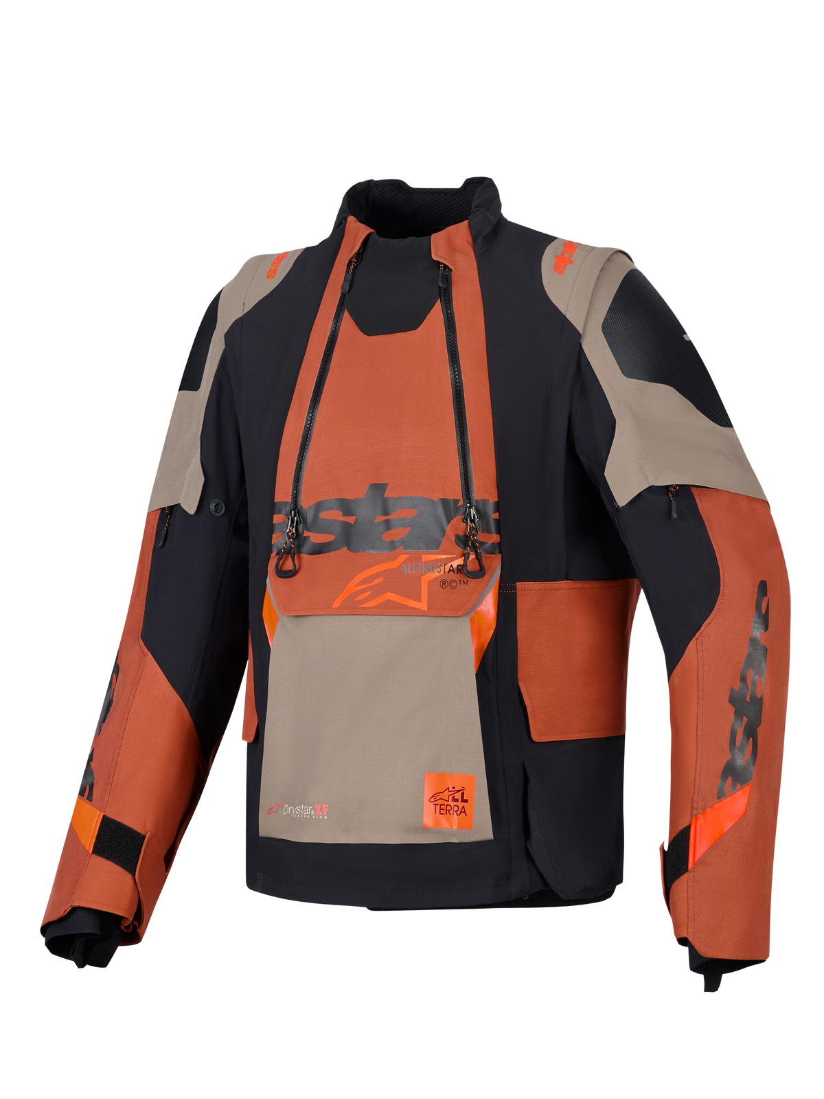 Alpinestars Halo Pro Drystar® XF Laminierte Jacke, Adventure-Motorradjacke, Walnut Rust Black, Vorderansicht mit modularem Brustpanel und doppelten wasserdichten Reißverschlüssen, robuste Textilkonstruktion mit hellbraunen und orangefarbenen Einsätzen