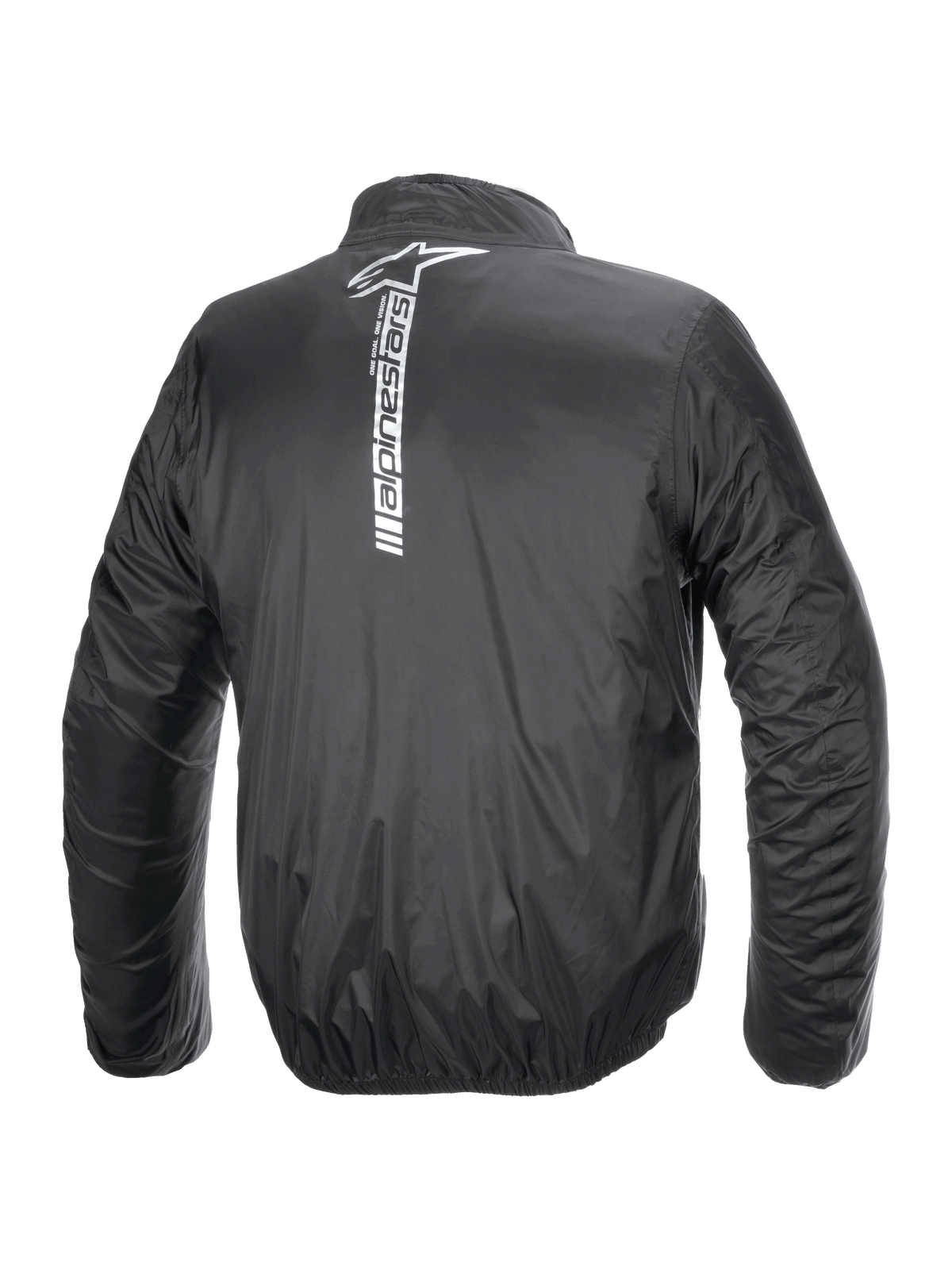 Alpinestars Hurricane Rain V2 Jas, waterdichte motorregenjas, zwart, achteraanzicht met een groot verticaal wit Alpinestars-logo en woordmerk midden op de rug, lichtgewicht gelamineerde stof met elastische manchetten en taille