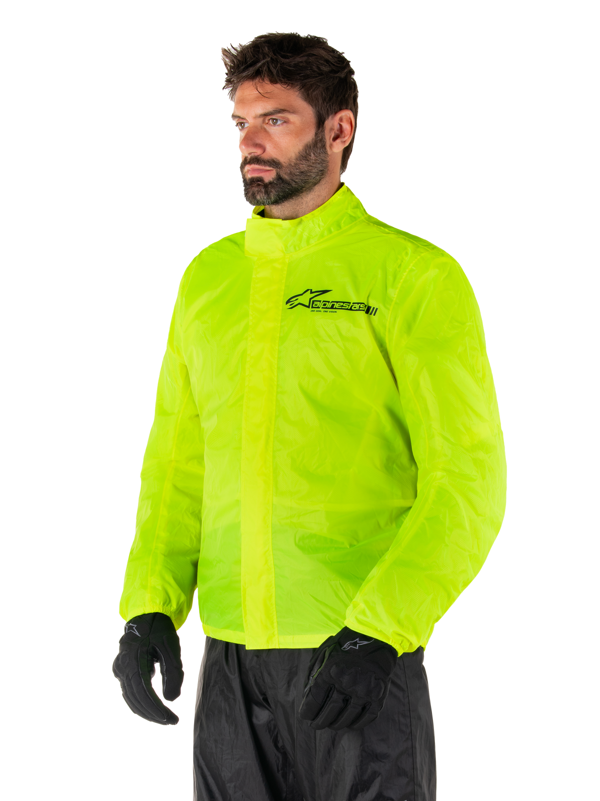 Alpinestars Hurricane Rain V2 Jacke, Yellow Fluo, hochsichtbare fluoreszierende gelbe wasserdichte Motorrad-Regenjacke, doppelter Klappenverschluss vorne, Alpinestars-Logo auf der Brust, leichtes und packbares Design für Fahrten bei nassem Wetter