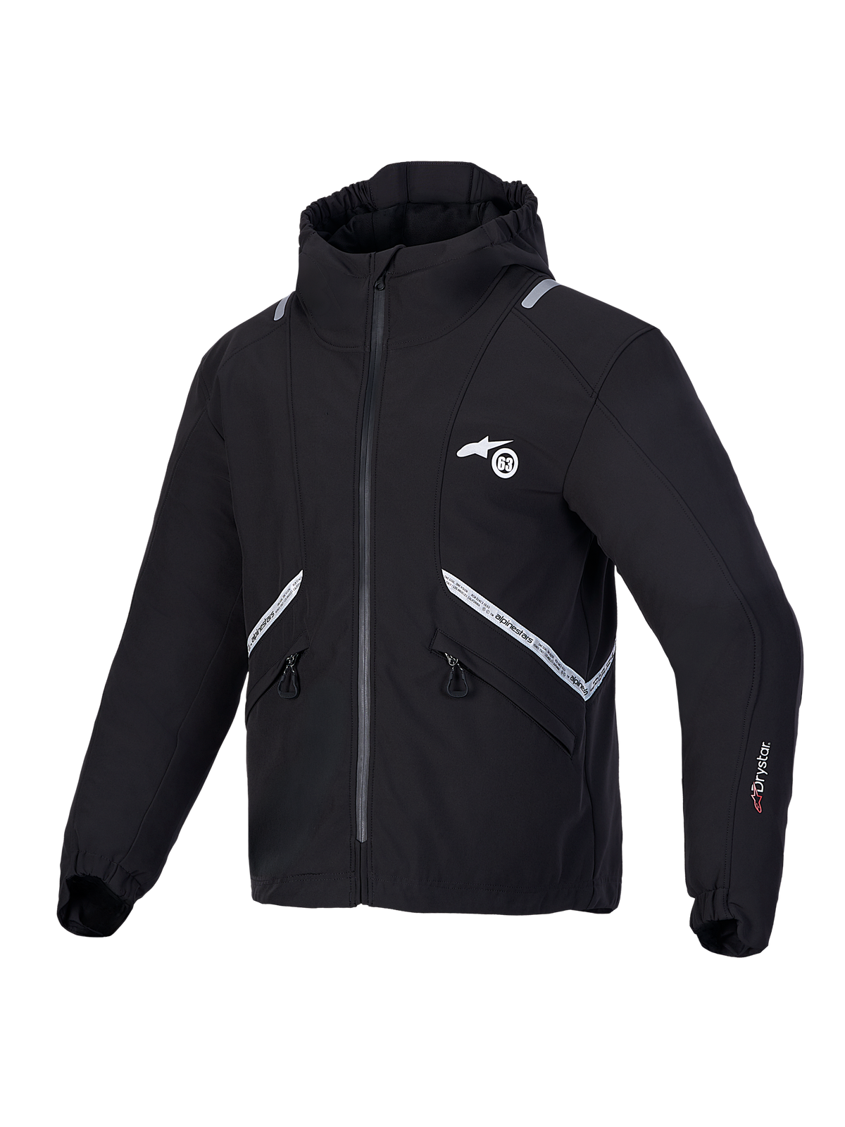 Alpinestars C-5 Drystar Jacket, Black waterproof textile motorcycle jacket, featuring an integrated hood, reflective detailing, and white chest branding